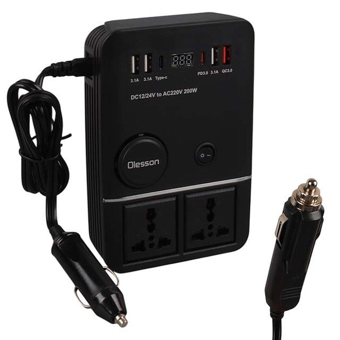 Olesson 1661 Dc 12-24V 200W Oto Araç Power İnverter 2X Çakmak Girişi - 2X Type-C - 4X Usb - 2X 220V