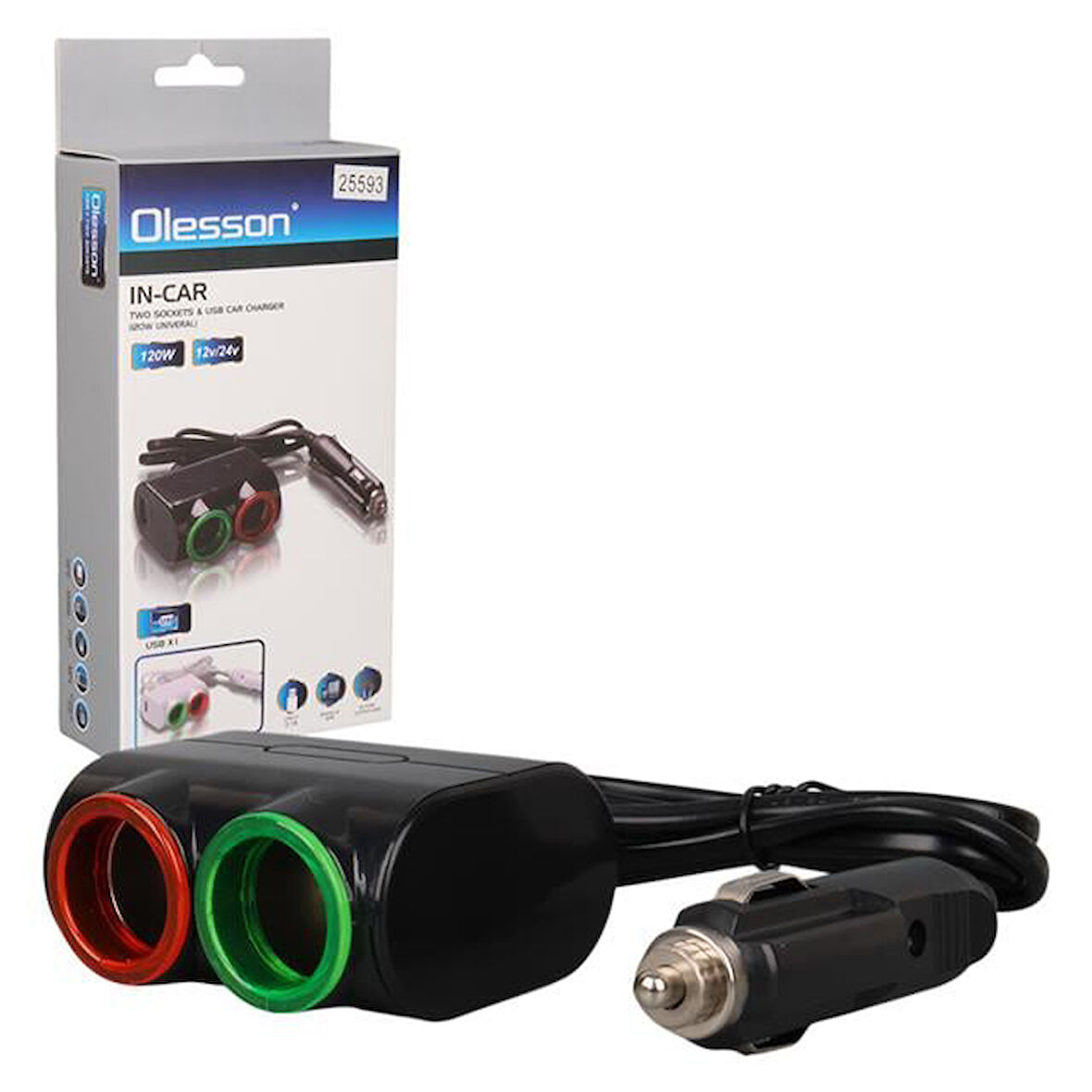 Olesson 1631 12-24V Tek Usb Girişli 120W 80Cm Kablolu 2'Lı Araç Çakmak Çoklayıcı