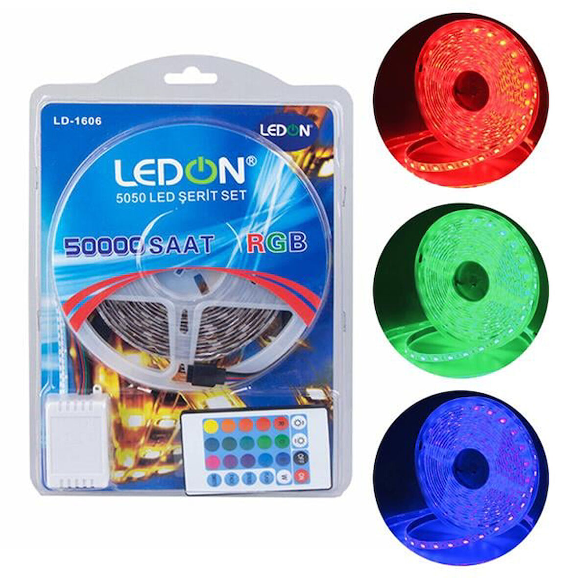 Ledon Ld-1606 Su Geçirmez 5 Metre Rgb Şerit Led Animasyon Devreli Adaptörlü Set 5050 3 Çipli Silikon