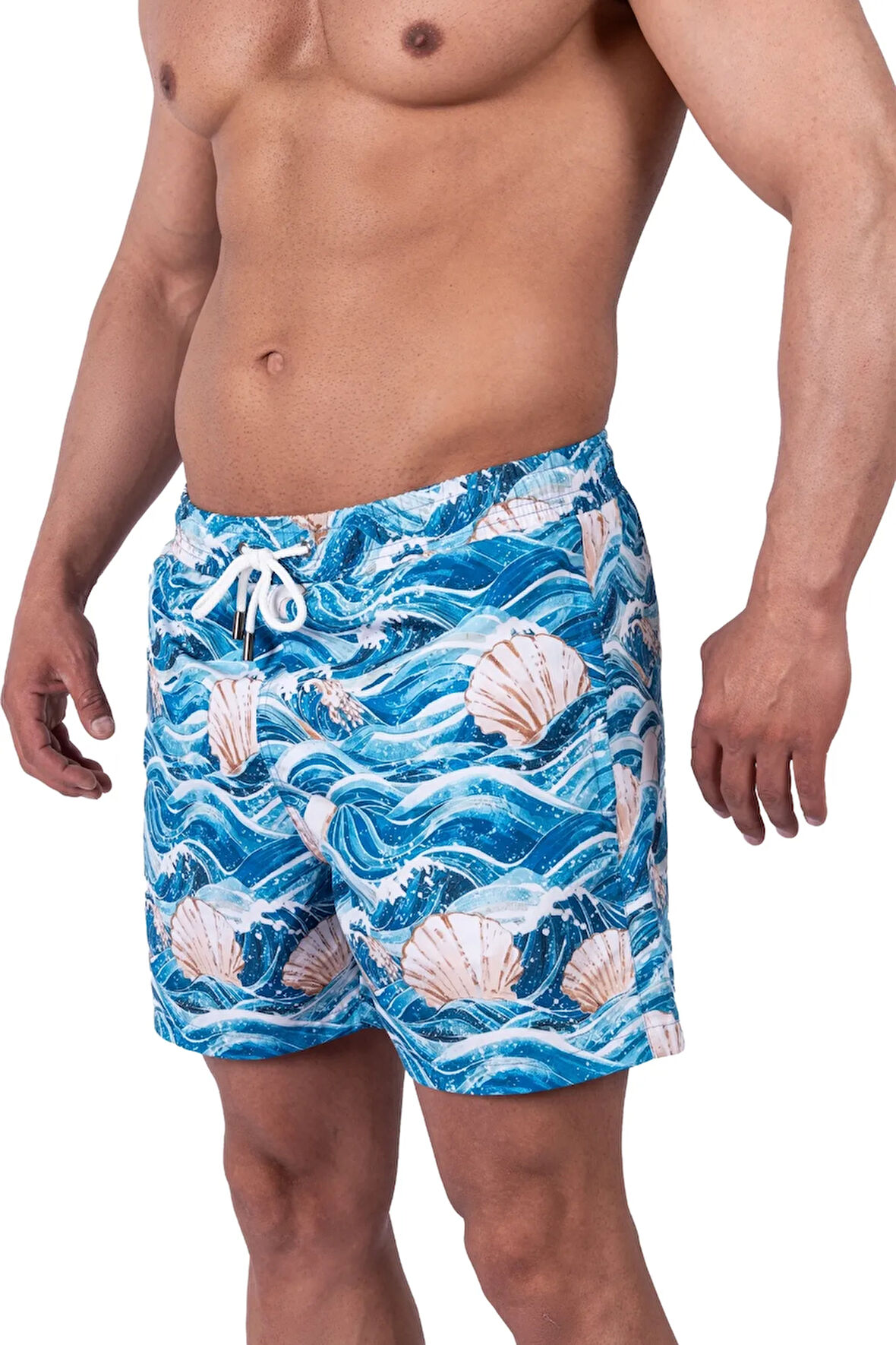 Bronz Ocean Wave Erkek Deniz Şortu Hızlı Kuruyan AquaDry Kumaş, Mavi Tonlar, Fermuarlı Cepli
