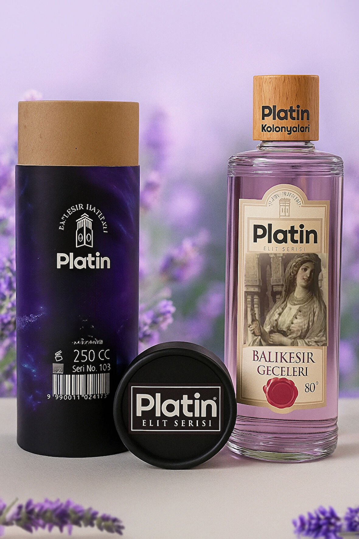 Platin Elit Serisi Silindir Kutu Ahşap Kapaklı 80° 250 Cc. Cam Şişe Balıkesir Geceleri Kolonyası