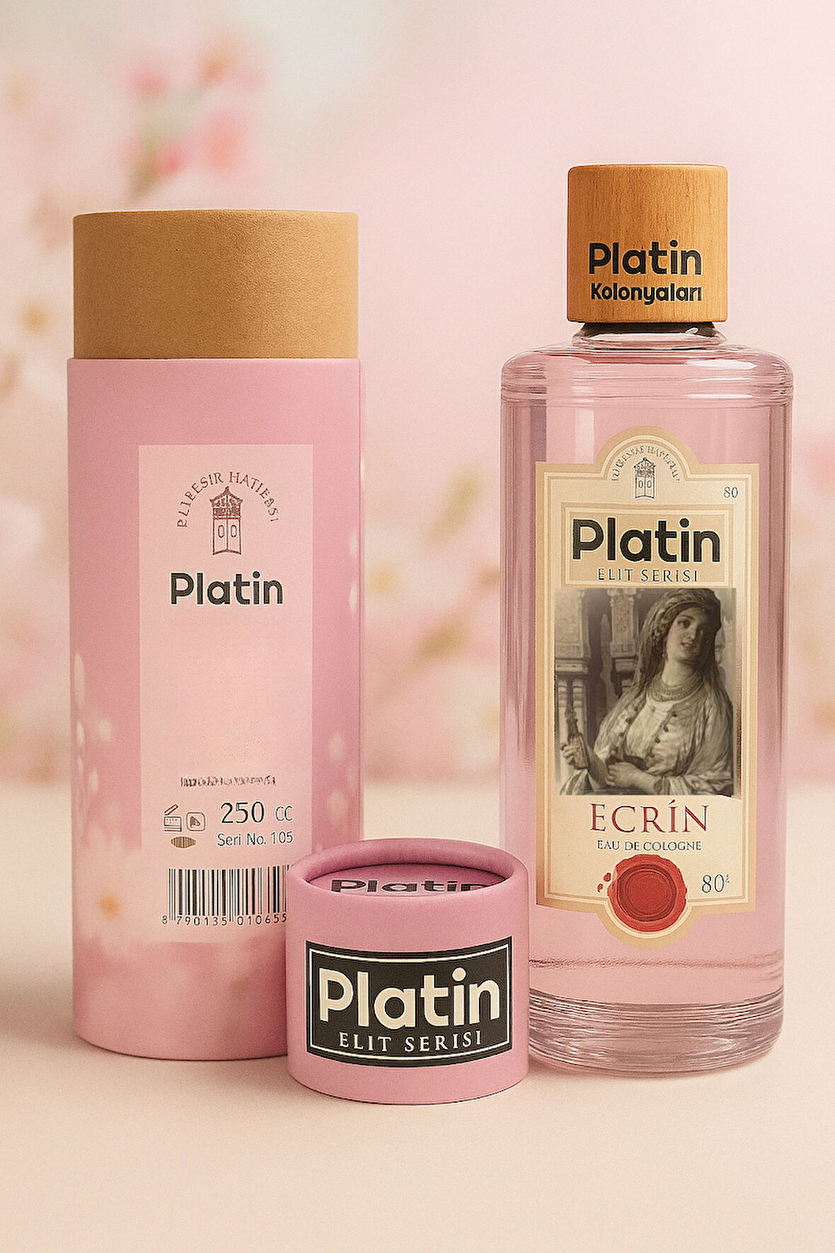 Platin Elit Serisi Silindir Kutu Ahşap Kapaklı 80° 250 Cc. Cam Şişe Ecrin Kolonyası