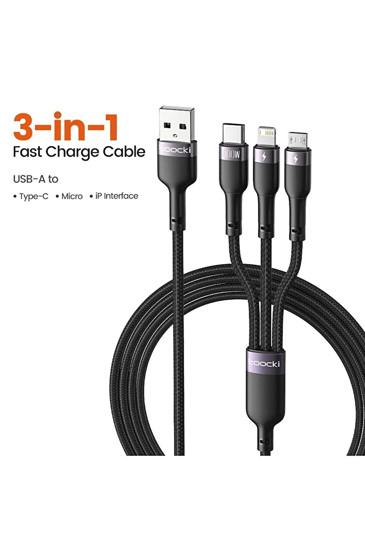 3 in 1 USB kablosu 6A 100W mikro USB tip C Şarj ve Data Kablosu