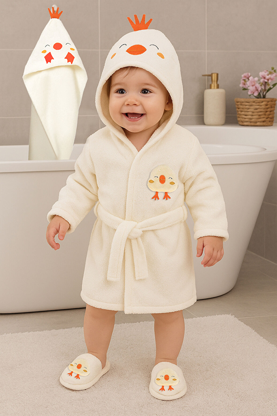Kız Erkek Bebek Civciv İşemeli Lüks Bornoz Takımı  Havlu Seti % 100 Pamuk Kumaş 0- 2 Yaş STL7056