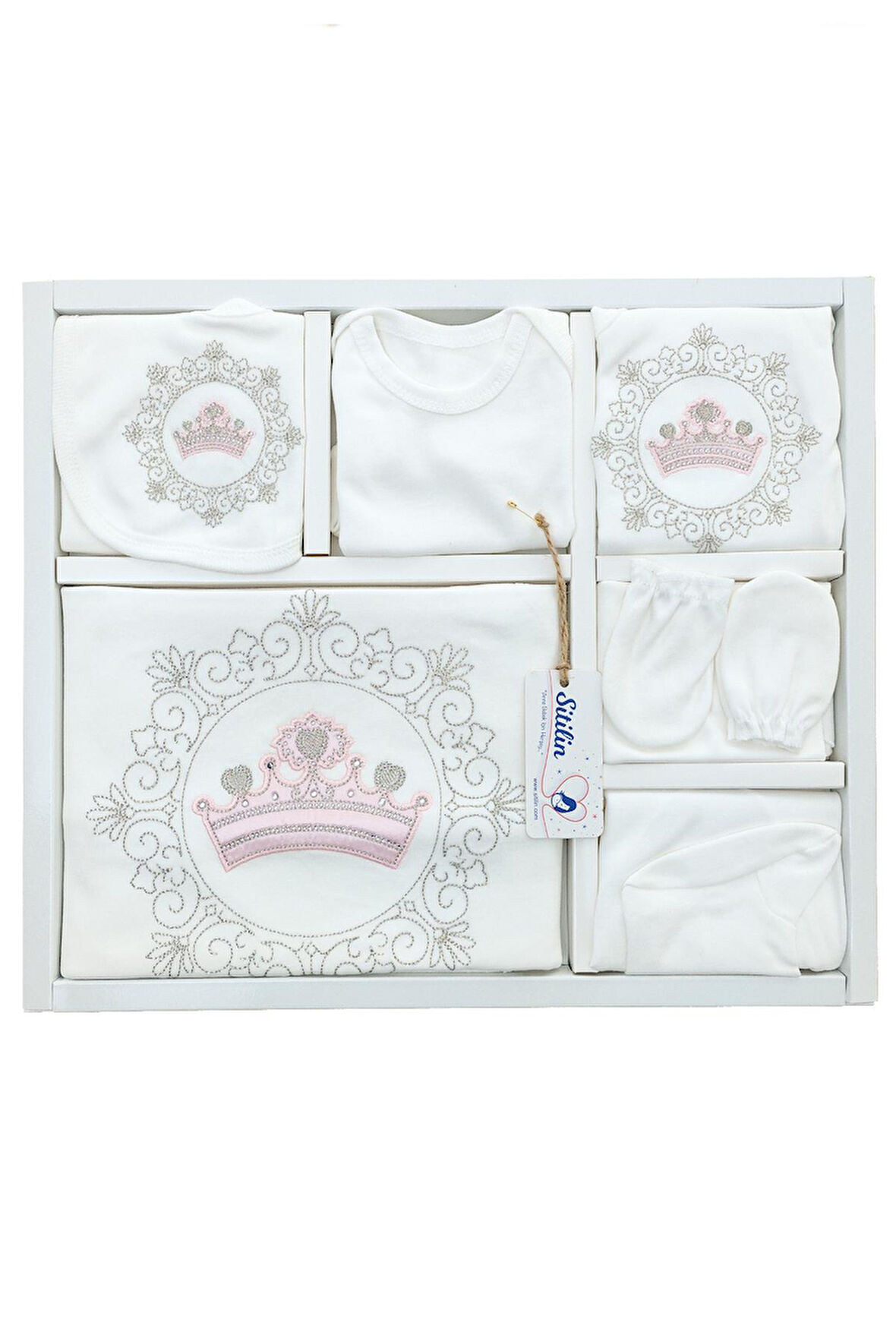 Kız Bebek İşlemeli Taçlı Hastane Çıkışı 10 Lu Yenidoğan Set STL4884