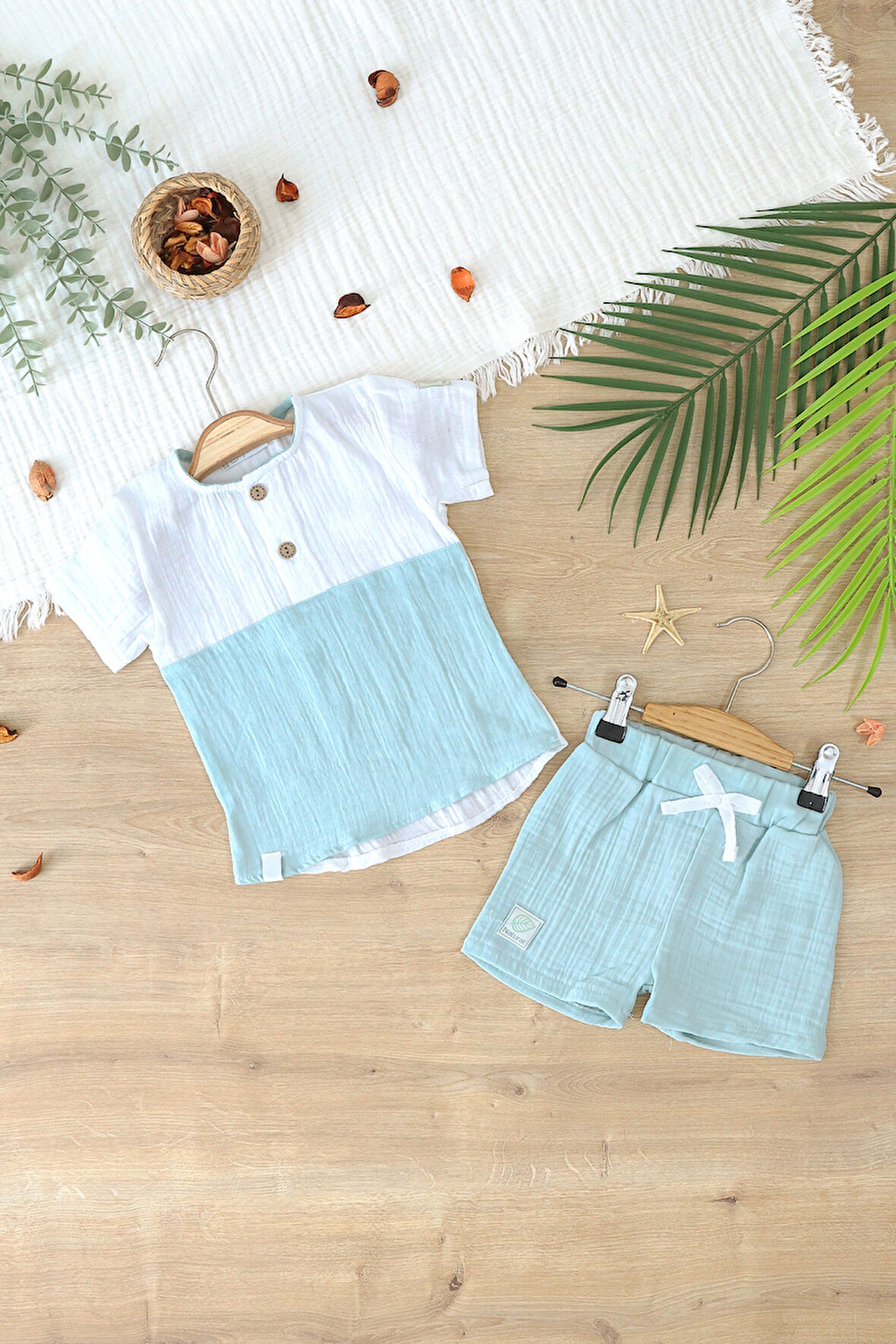 Bebek % Pamuklu Müslin  Düğmeli Alt Üst Şortlu  Yazlık Erkek  Bebek Takımı STL6993
