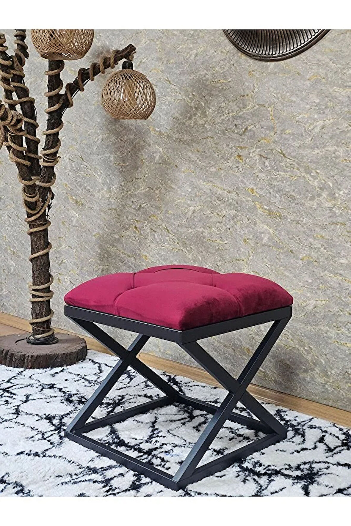 Siyah Boyalı 45 cm x 45 cm Çaprazlı Puf Bench Oturak Bordo Renk 45 x 45 Boyut/Ebat