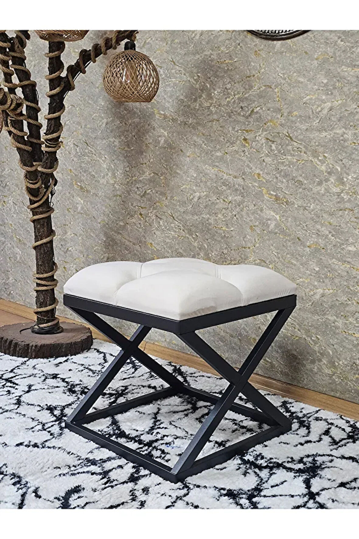 Siyah Boyalı 45 cm x 45 cm Çaprazlı Puf Bench Oturak Krem Renk 45 x 45 Boyut/Ebat