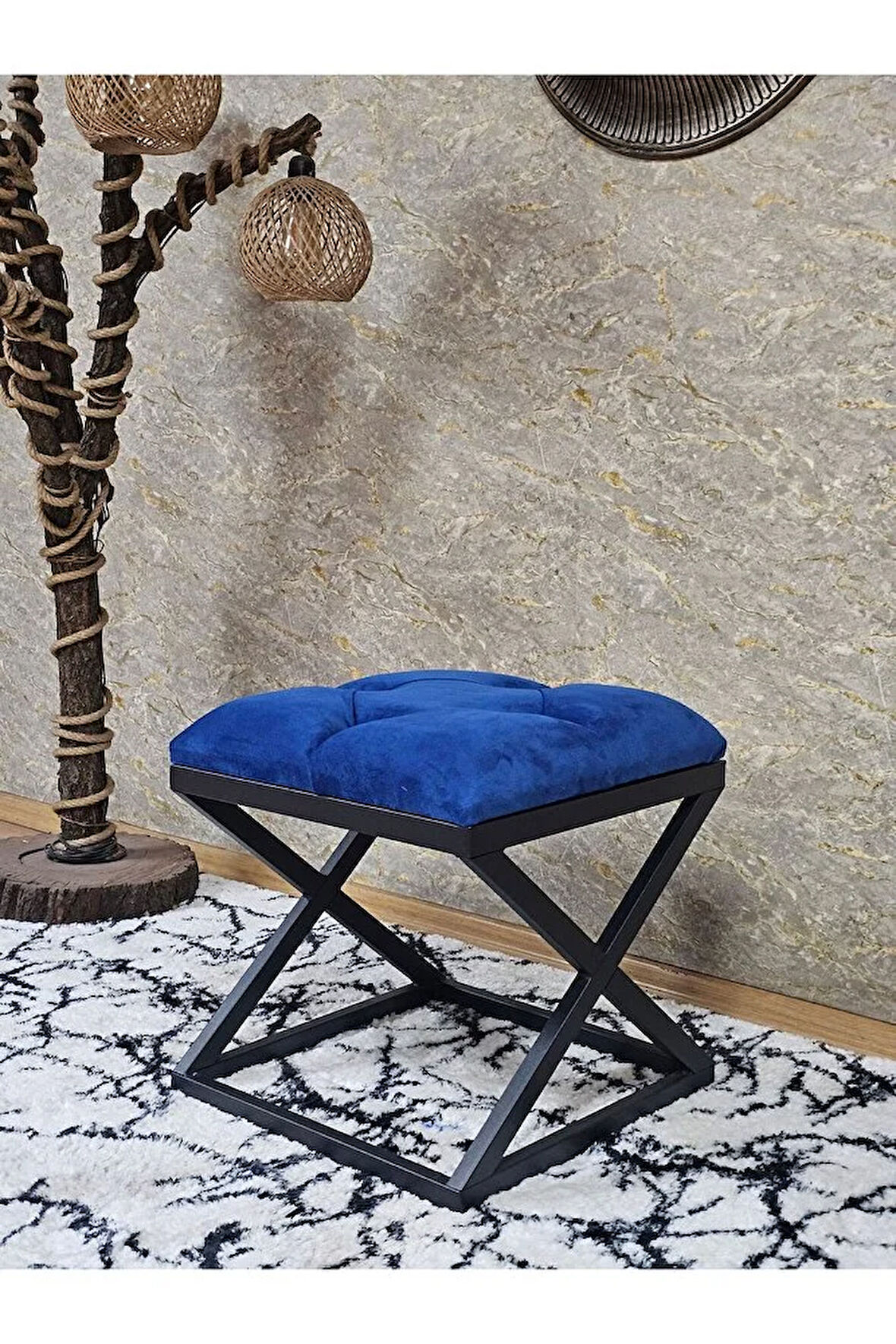 Siyah Boyalı 45 cm x 45 cm Çaprazlı Puf Bench Oturak Mavi Renk 45 x 45 Boyut/Ebat