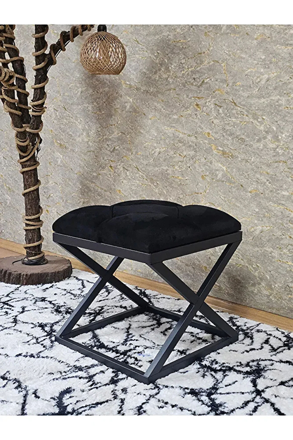 Siyah Boyalı 45 cm x 45 cm Çaprazlı Puf Bench Oturak Siyah Renk 45 x 45 Boyut/Ebat