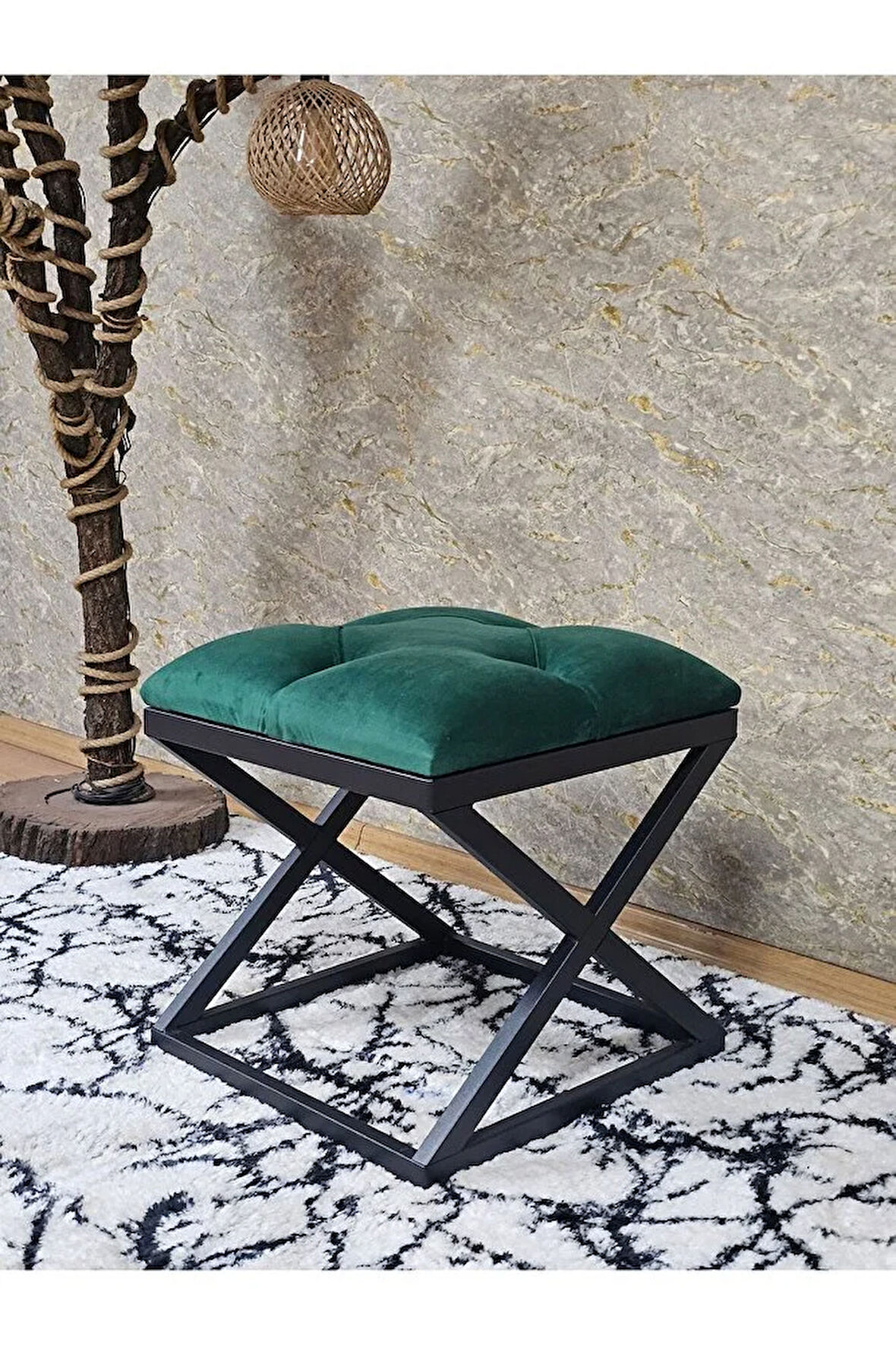 Siyah Boyalı 45 cm x 45 cm Çaprazlı Puf Bench Oturak Yeşil Renk 45 x 45 Boyut/Ebat