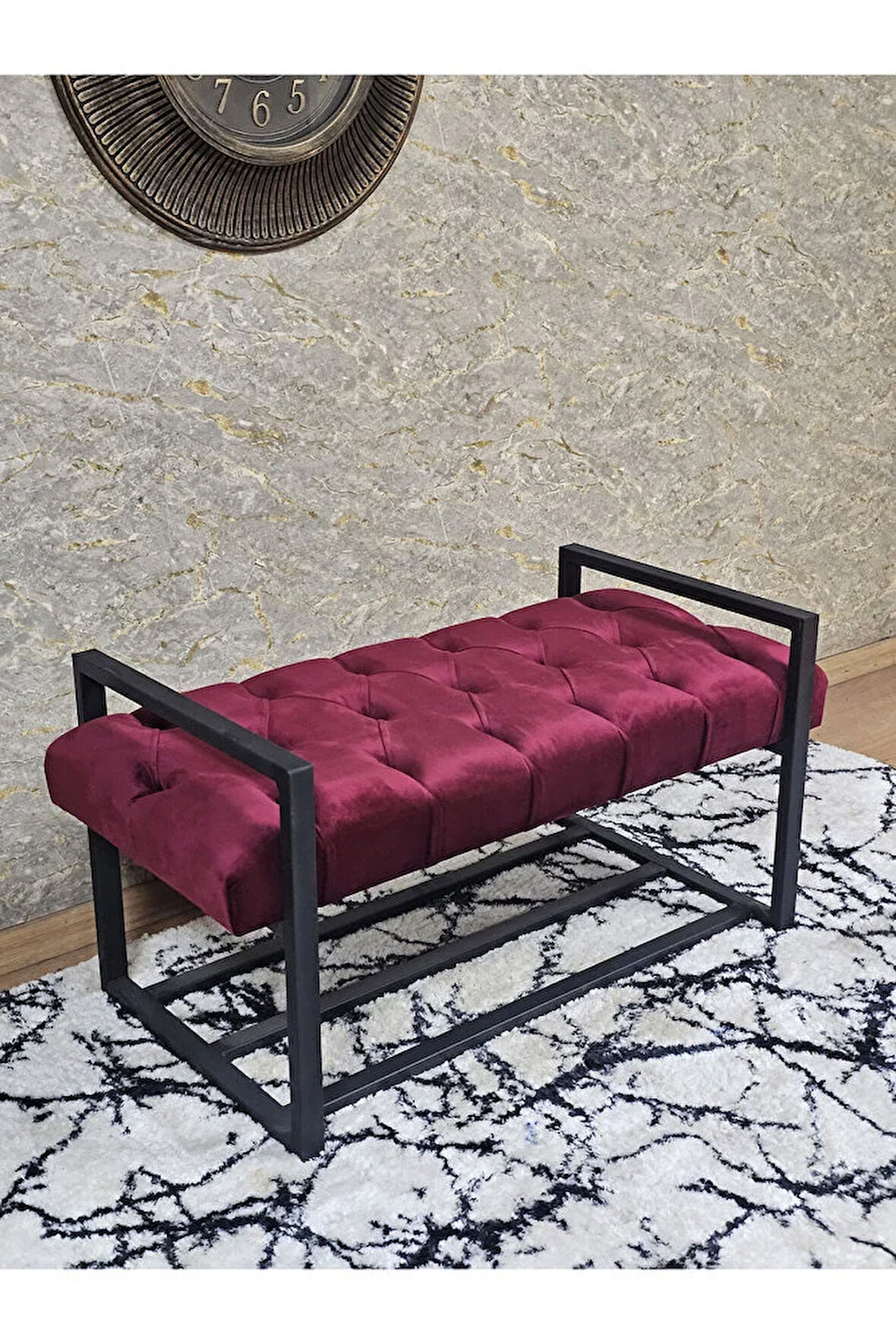 Siyah Boyalı Metal 80 cm Puf Bench - Antre Puf - Hol Bench - Puf - Oturak - Bench Bordo Renk 90 x 45 Boyut/Ebat