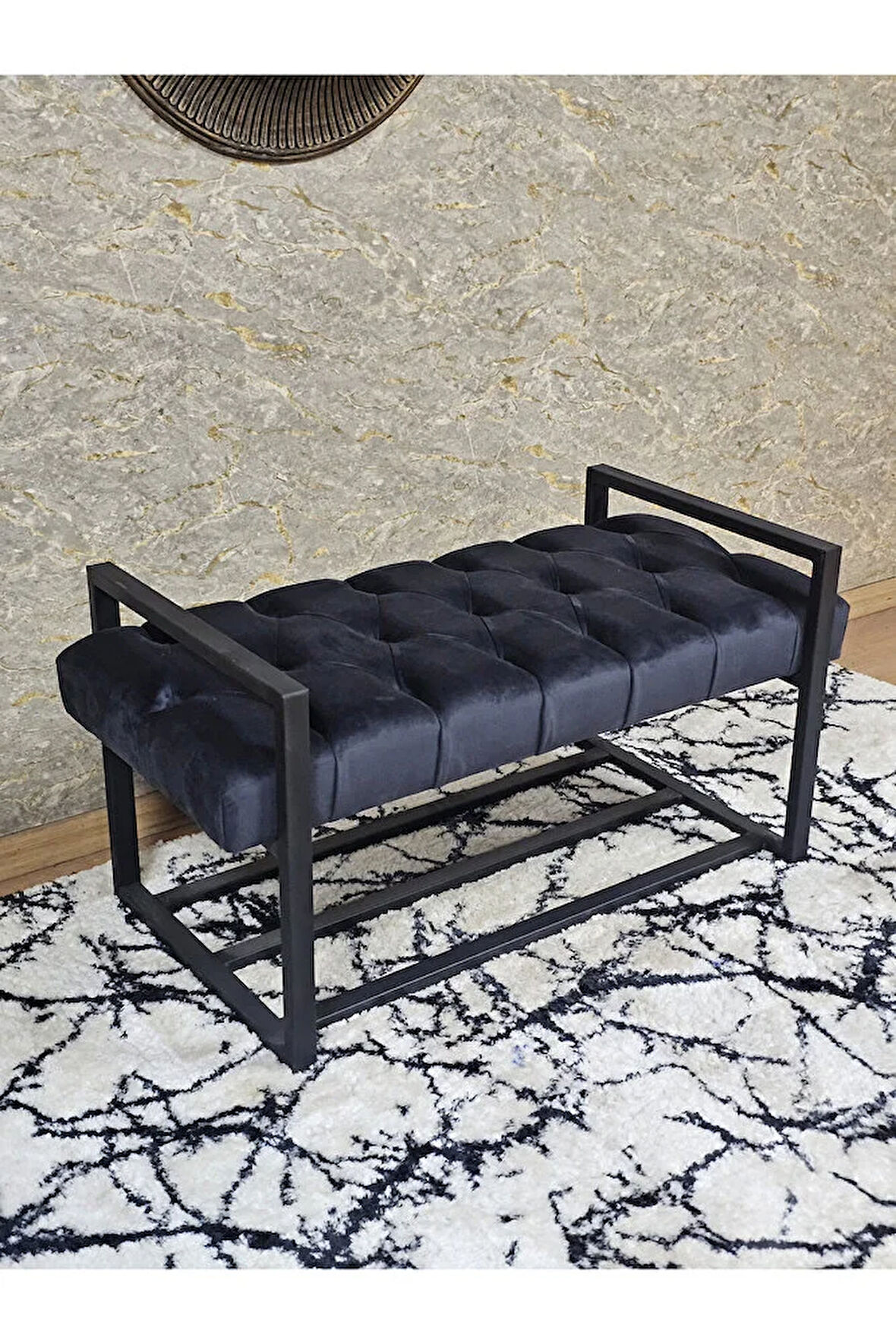 Siyah Boyalı Metal 80 cm Puf Bench - Antre Puf - Hol Bench - Puf - Oturak - Bench Füme Renk 90 x 45 Boyut/Ebat