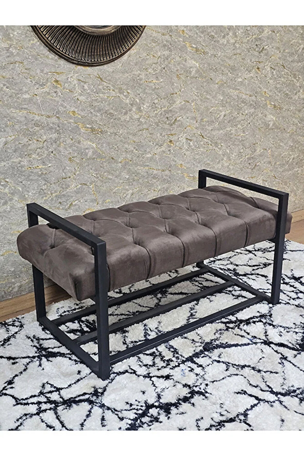 Siyah Boyalı Metal 80 cm Puf Bench - Antre Puf - Hol Bench - Puf - Oturak - Bench Kahverengi Renk 90 x 45 Boyut/Ebat
