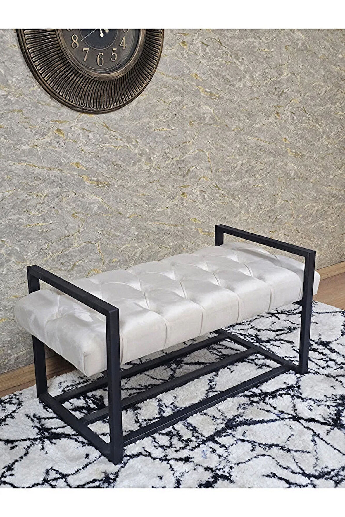 Siyah Boyalı Metal 80 cm Puf Bench - Antre Puf - Hol Bench - Puf - Oturak - Bench Krem Renk 90 x 45 Boyut/Ebat