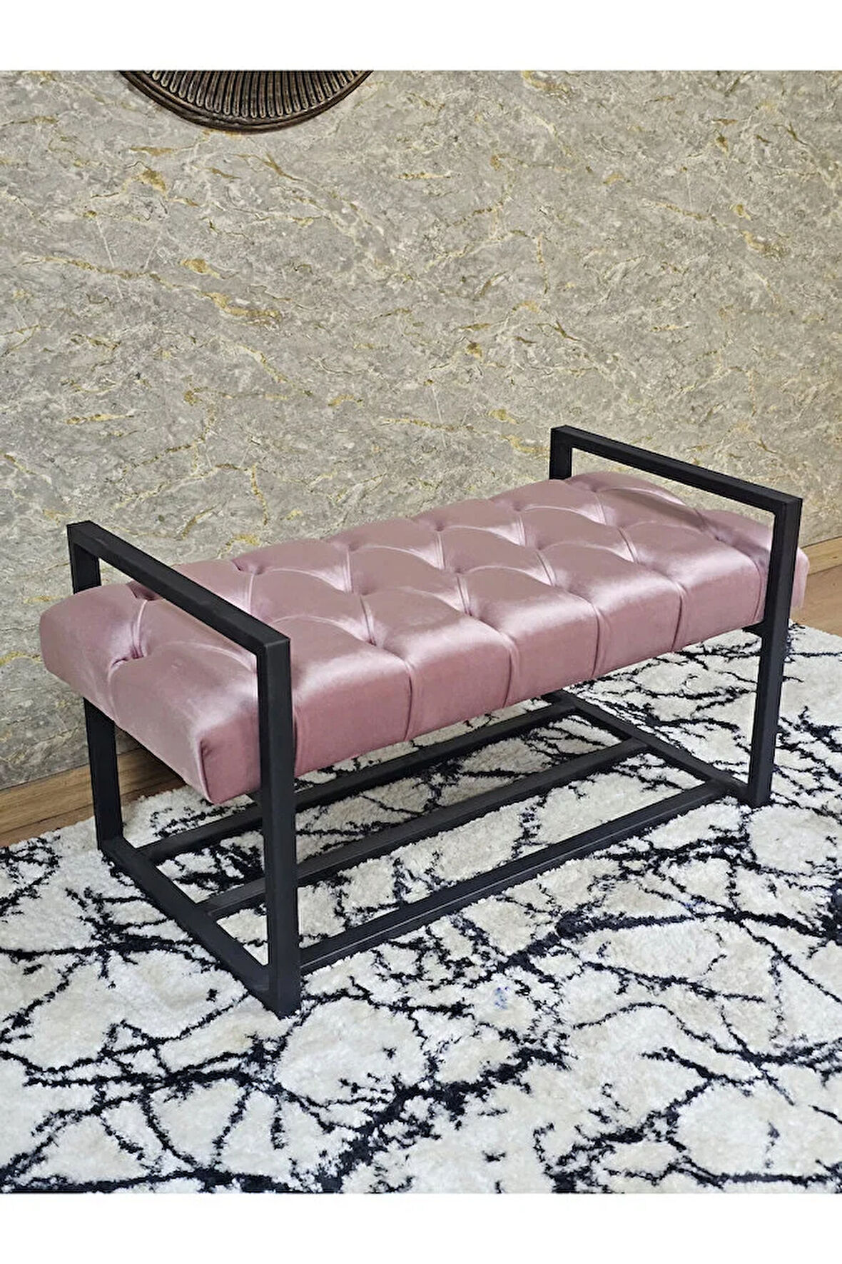Siyah Boyalı Metal 80 cm Puf Bench - Antre Puf - Hol Bench - Puf - Oturak - Bench Pembe Renk 90 x 45 Boyut/Ebat