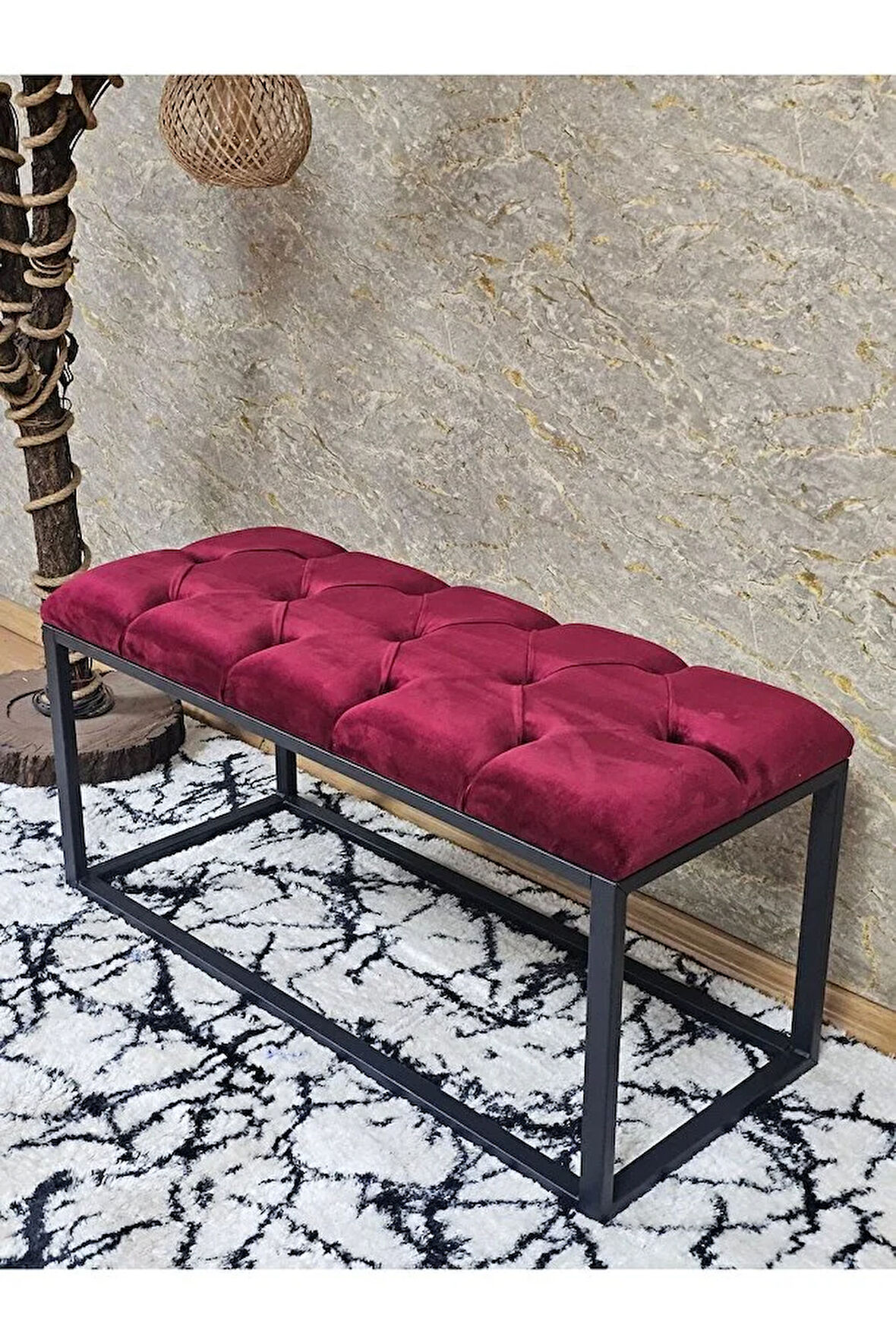 Siyah Boyalı Diktörtgen 100 cm x 40 cm Oturak Puf - Bench - Makyaj Oturağı - Oturak Bordo Renk 100 x 40 Boyut/Ebat