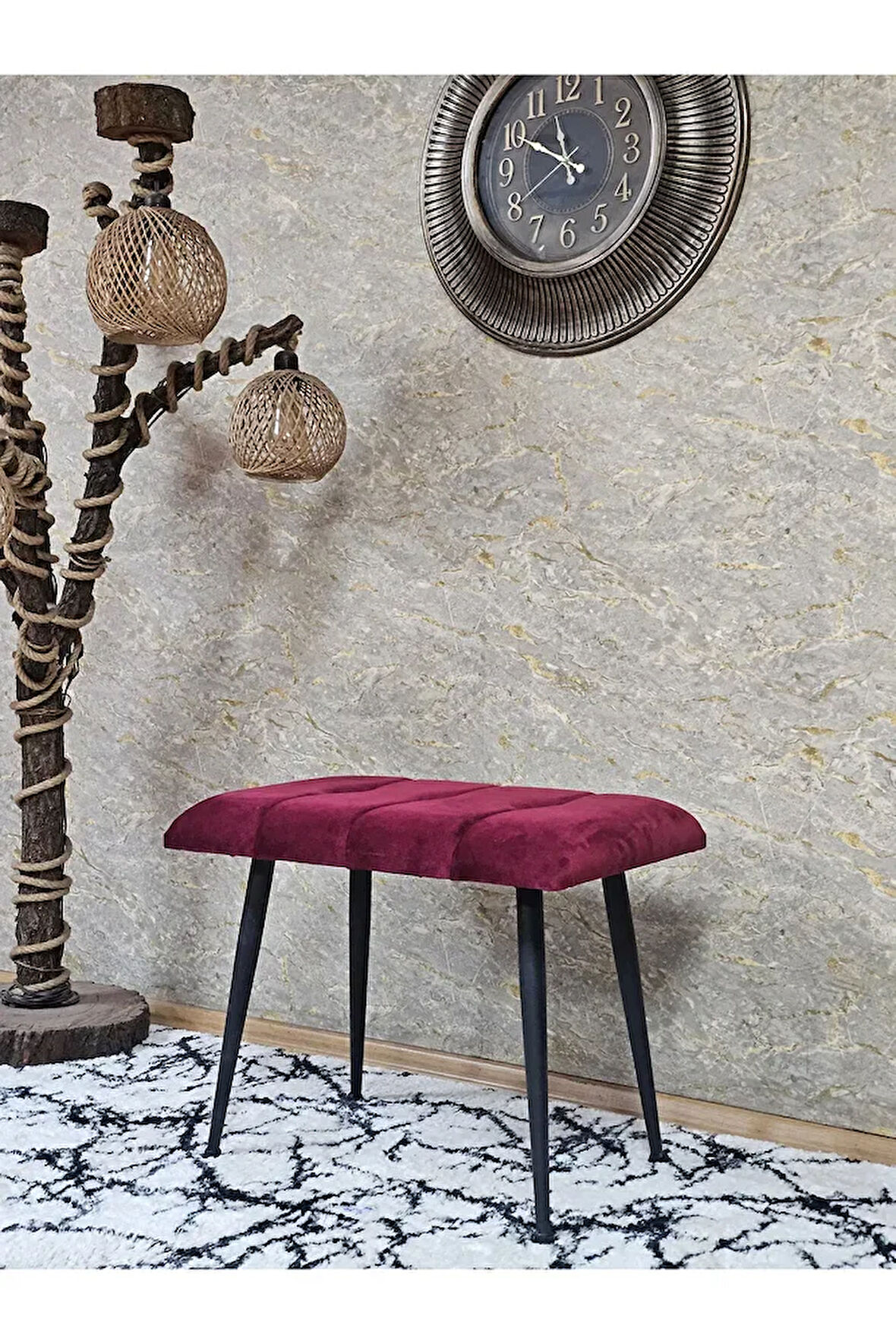 Siyah Sivriltmel Ayaklı 60 cm Puf Bench - Puf - Bench - Oturak - Mutfak Oturağı - Antre Oturağı Bordo Renk 60 x 40 Boyut/Ebat