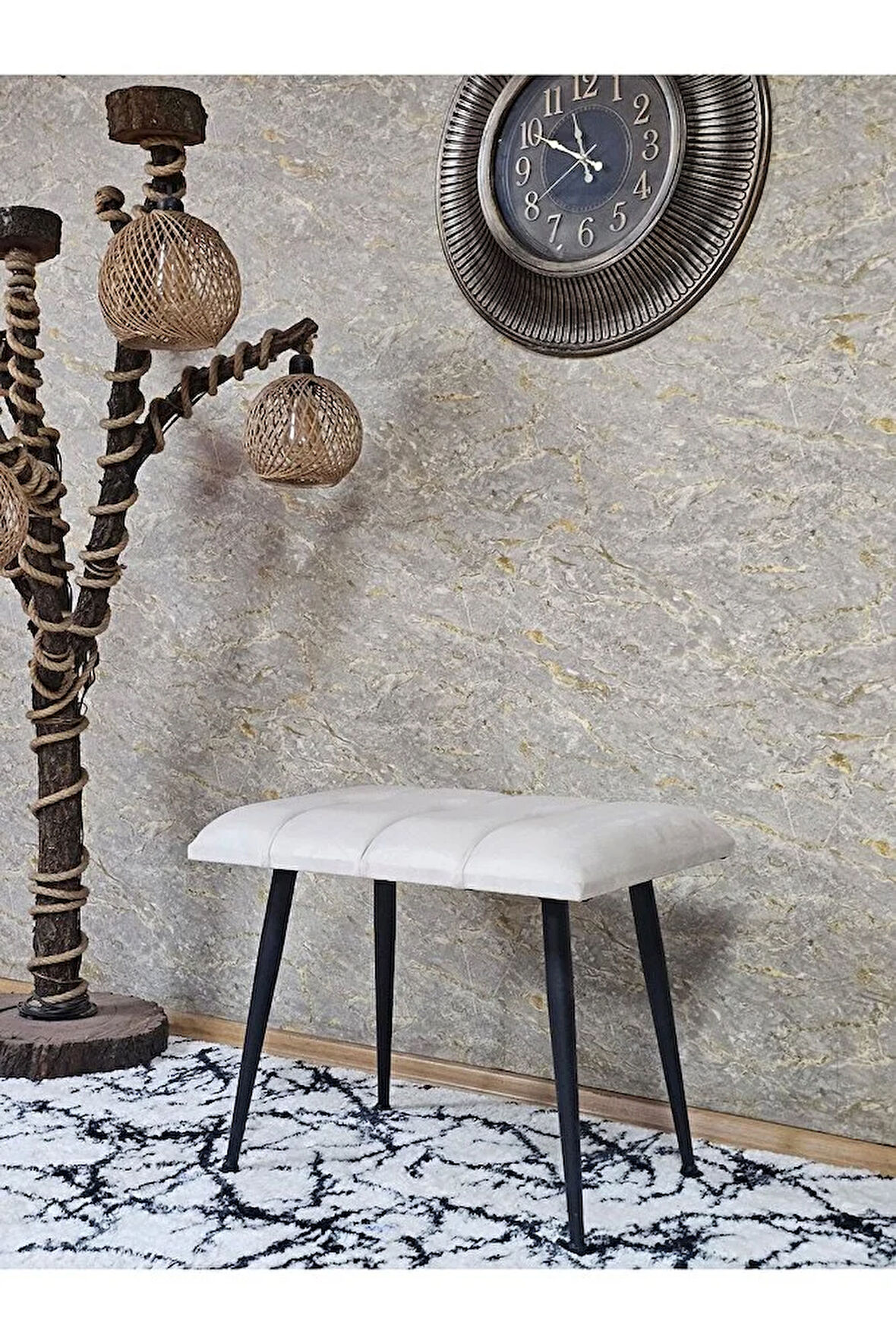 Siyah Sivriltmel Ayaklı 60 cm Puf Bench - Puf - Bench - Oturak - Mutfak Oturağı - Antre Oturağı Krem Renk 60 x 40 Boyut/Ebat