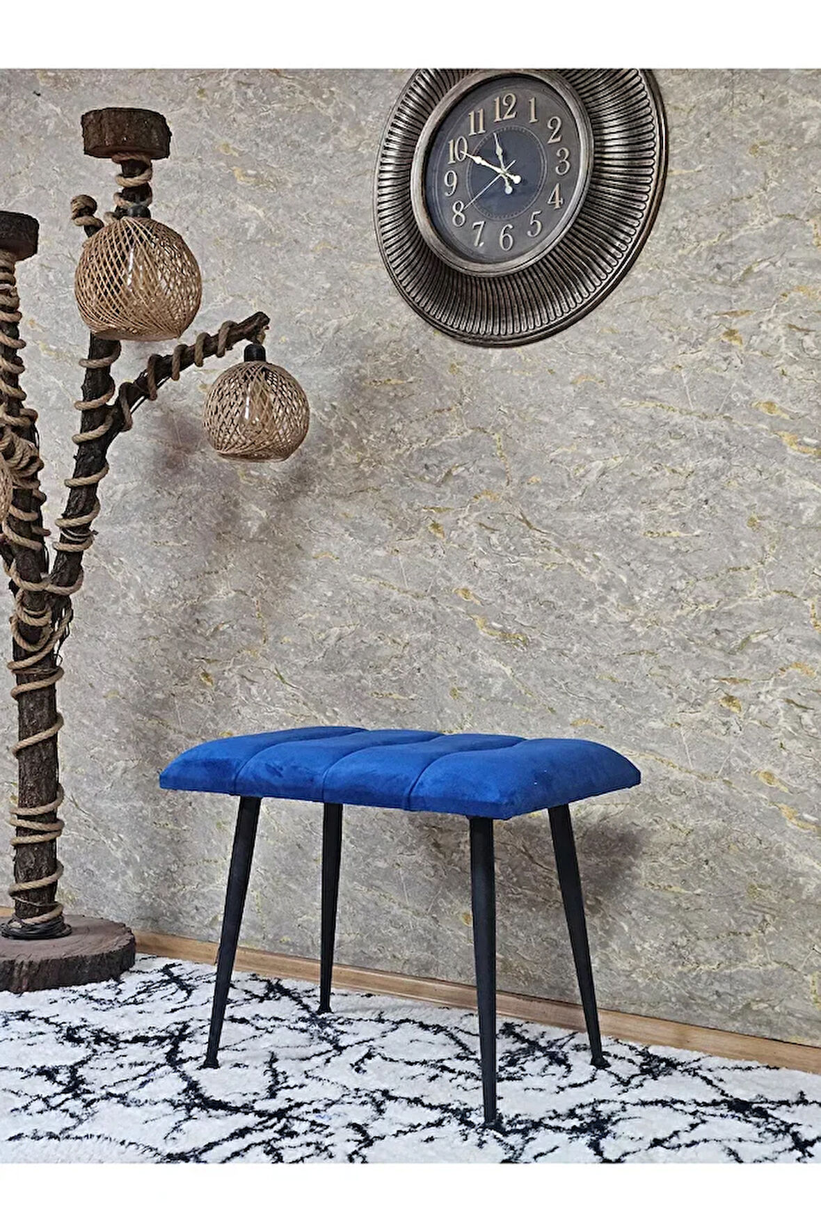 Siyah Sivriltmel Ayaklı 60 cm Puf Bench - Puf - Bench - Oturak - Mutfak Oturağı - Antre Oturağı Mavi Renk 60 x 40 Boyut/Ebat