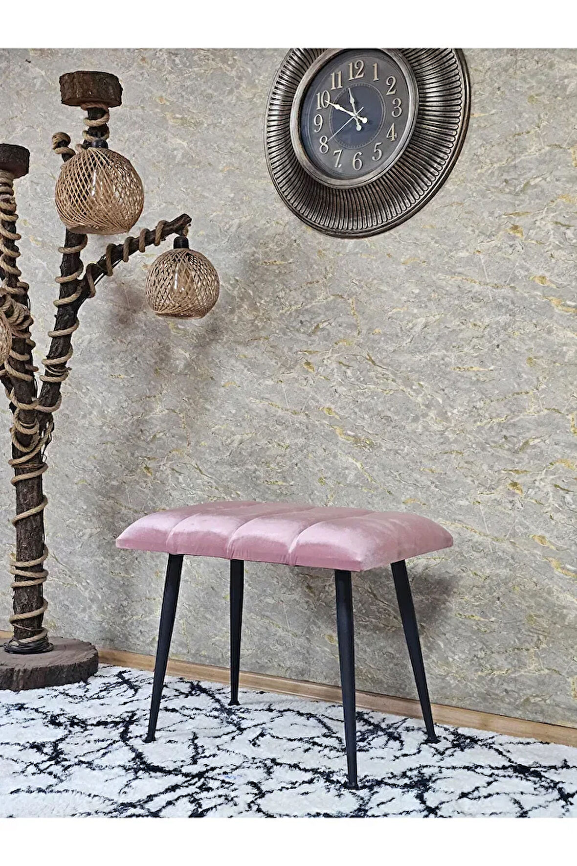 Siyah Sivriltmel Ayaklı 60 cm Puf Bench - Puf - Bench - Oturak - Mutfak Oturağı - Antre Oturağı Pembe Renk 60 x 40 Boyut/Ebat