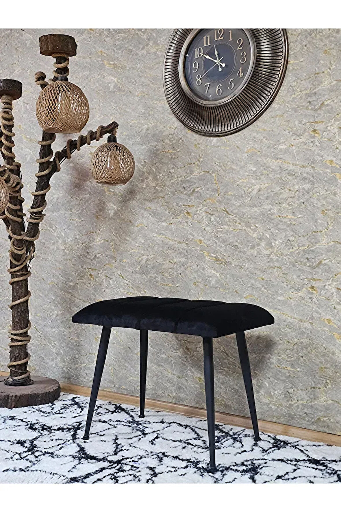 Siyah Sivriltmel Ayaklı 60 cm Puf Bench - Puf - Bench - Oturak - Mutfak Oturağı - Antre Oturağı Siyah Renk 60 x 40 Boyut/Ebat