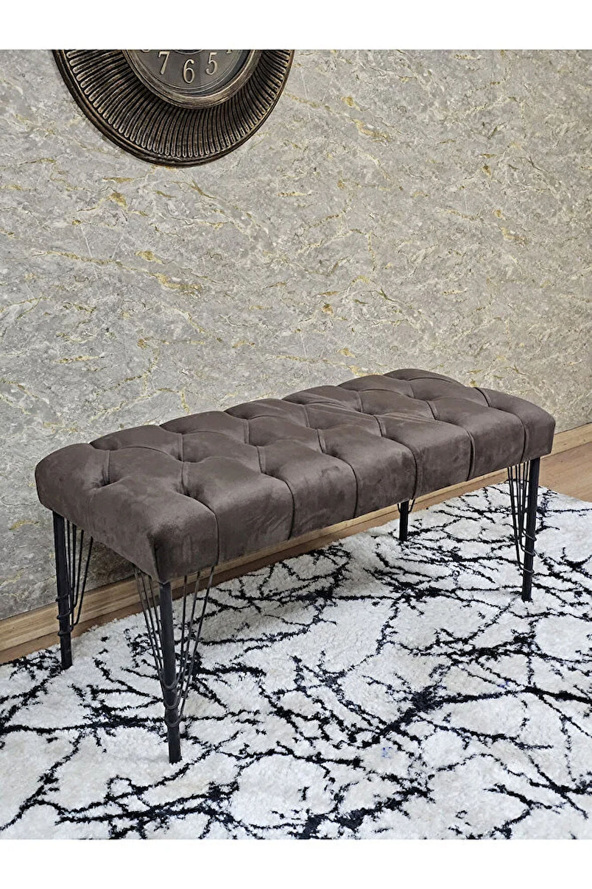 Siyah Boyalı Tel Ayaklı 90 cm Puf Bench - Puf - Bench - Kasalı Oturak - Oturak - Yatak Ucu Puf Kahverengi Renk 90 x 41 Boyut/Ebat