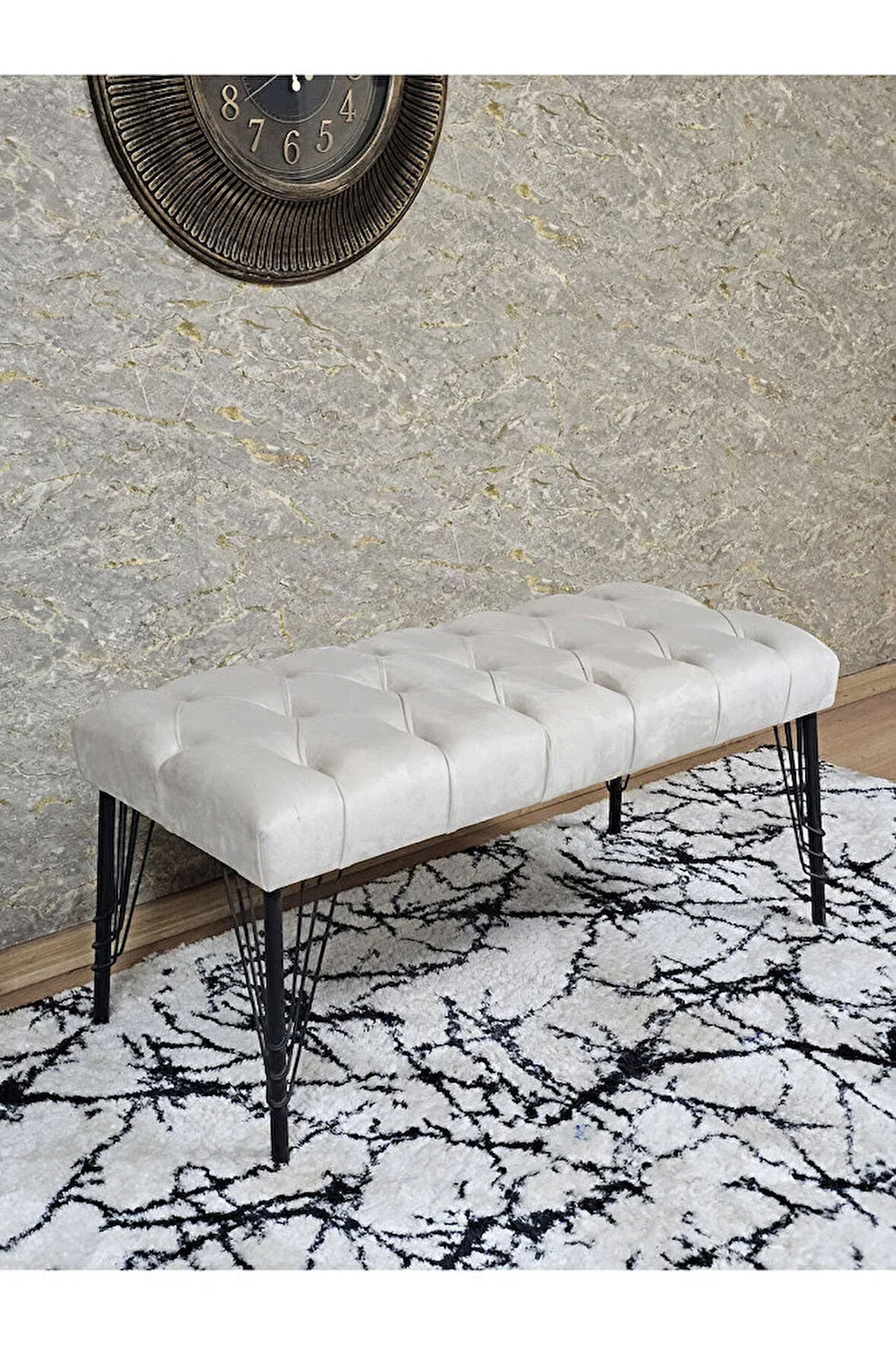 Siyah Boyalı Tel Ayaklı 90 cm Puf Bench - Puf - Bench - Kasalı Oturak - Oturak - Yatak Ucu Puf Krem Renk 90 x 41 Boyut/Ebat