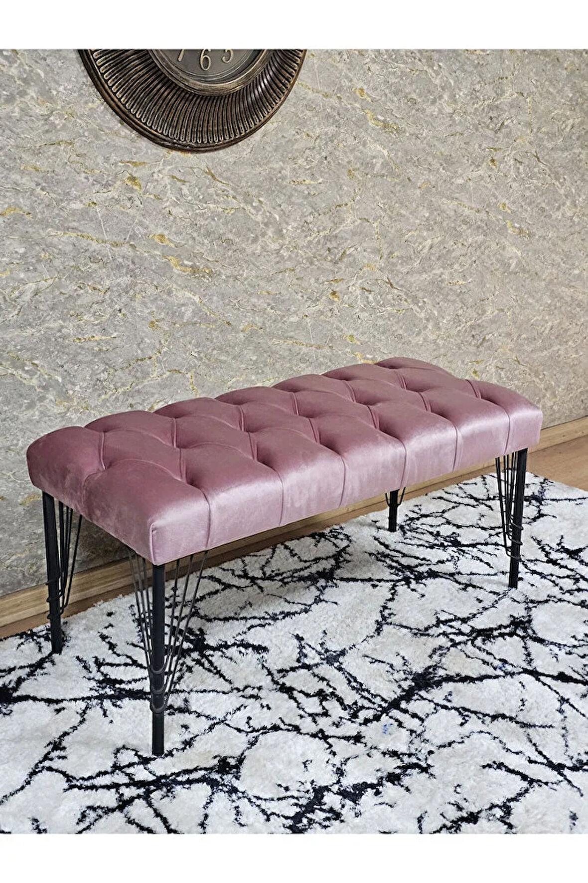 Siyah Boyalı Tel Ayaklı 90 cm Puf Bench - Puf - Bench - Kasalı Oturak - Oturak - Yatak Ucu Puf Pembe Renk 90 x 41 Boyut/Ebat