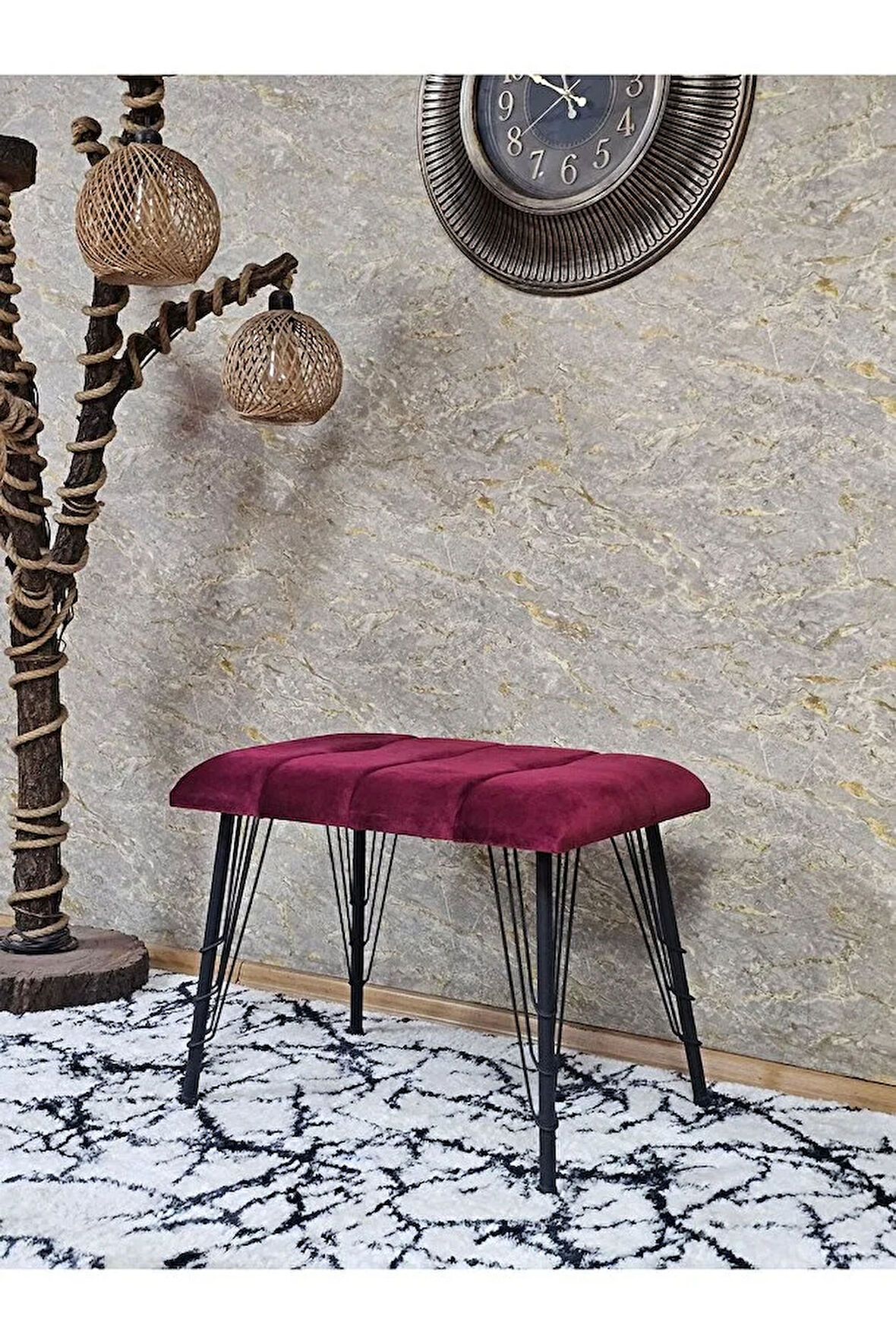 Metal Siyah Tel Ayaklı 60 cm Puf Bench - Puf - Bench - Oturak - Mutfak Oturağı - Antre Oturağı Bordo Renk 60 x 40 Boyut/Ebat