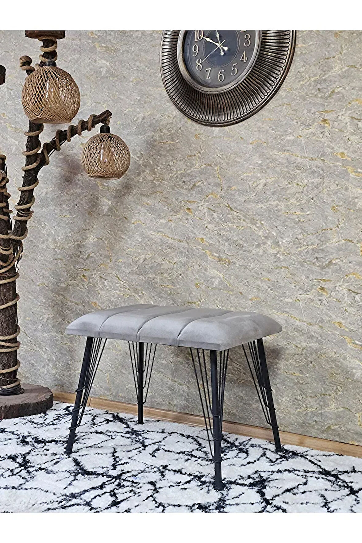 Metal Siyah Tel Ayaklı 60 cm Puf Bench - Puf - Bench - Oturak - Mutfak Oturağı - Antre Oturağı Gri Renk 60 x 40 Boyut/Ebat