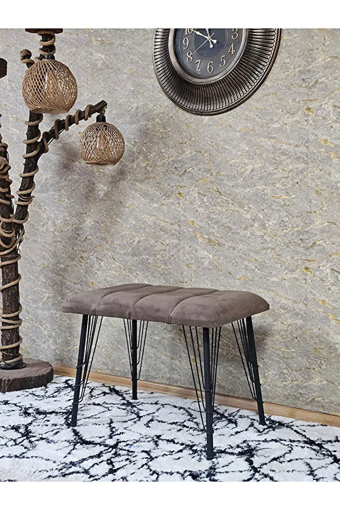 Metal Siyah Tel Ayaklı 60 cm Puf Bench - Puf - Bench - Oturak - Mutfak Oturağı - Antre Oturağı Kahverengi Renk 60 x 40 Boyut/Ebat