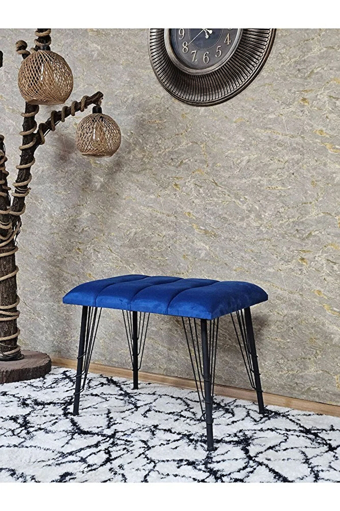 Metal Siyah Tel Ayaklı 60 cm Puf Bench - Puf - Bench - Oturak - Mutfak Oturağı - Antre Oturağı Mavi Renk 60 x 40 Boyut/Ebat