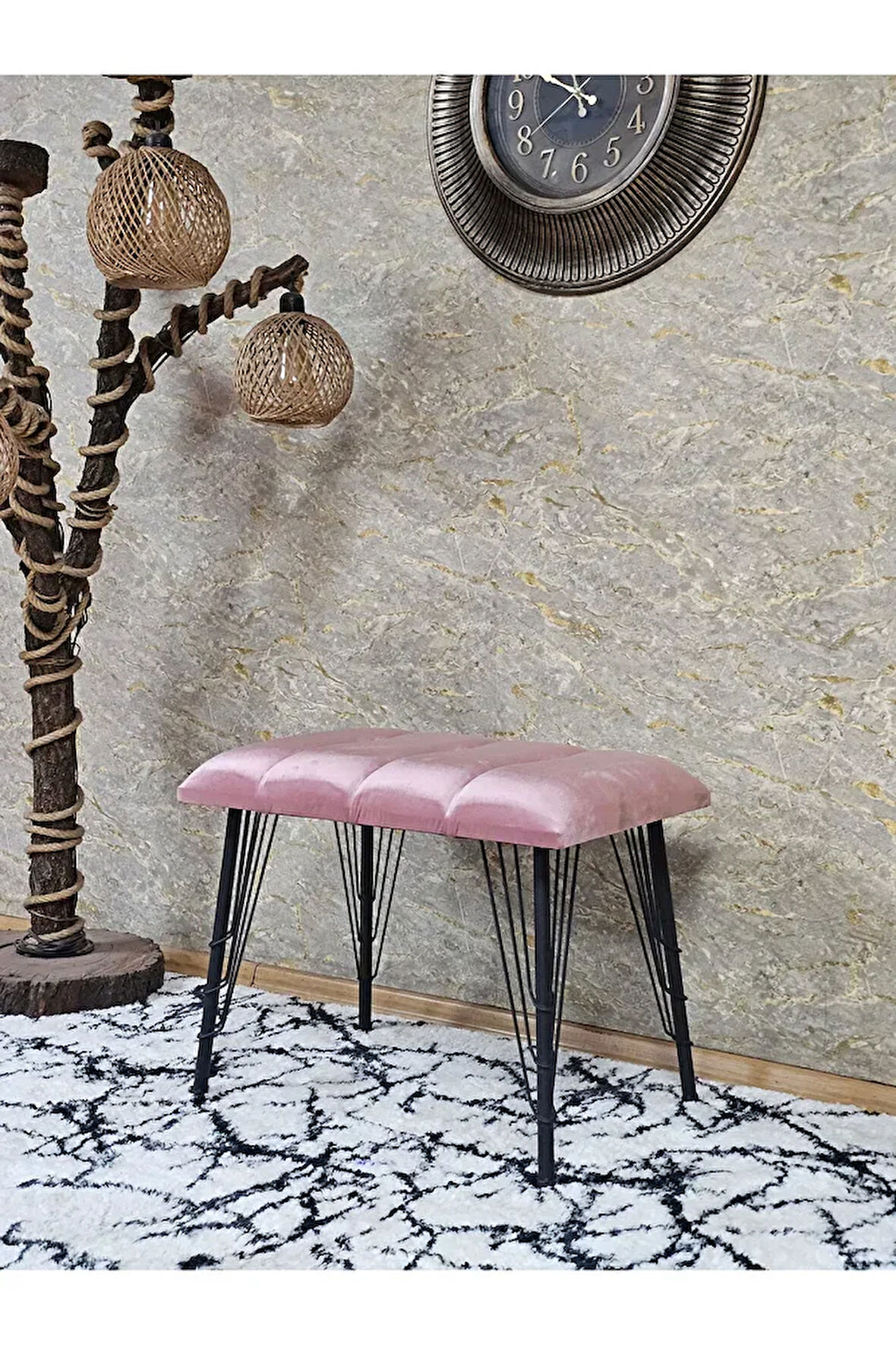 Metal Siyah Tel Ayaklı 60 cm Puf Bench - Puf - Bench - Oturak - Mutfak Oturağı - Antre Oturağı Pembe Renk 60 x 40 Boyut/Ebat