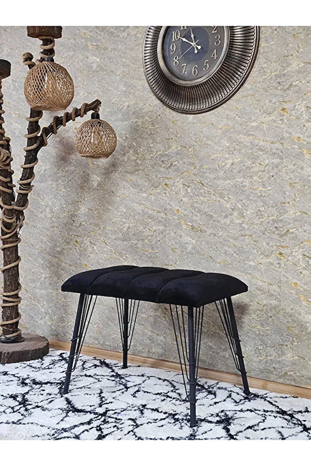 Metal Siyah Tel Ayaklı 60 cm Puf Bench - Puf - Bench - Oturak - Mutfak Oturağı - Antre Oturağı Siyah Renk 60 x 40 Boyut/Ebat