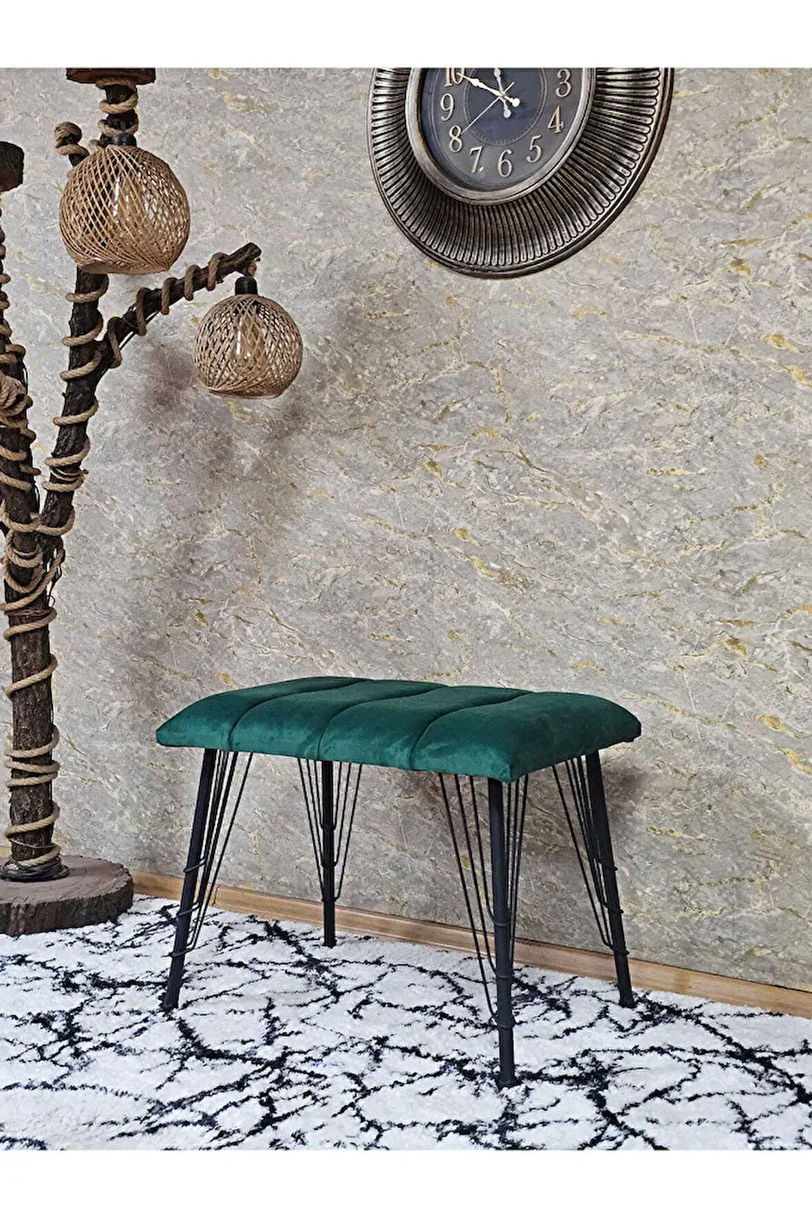 Metal Siyah Tel Ayaklı 60 cm Puf Bench - Puf - Bench - Oturak - Mutfak Oturağı - Antre Oturağı Yeşil Renk 60 x 40 Boyut/Ebat