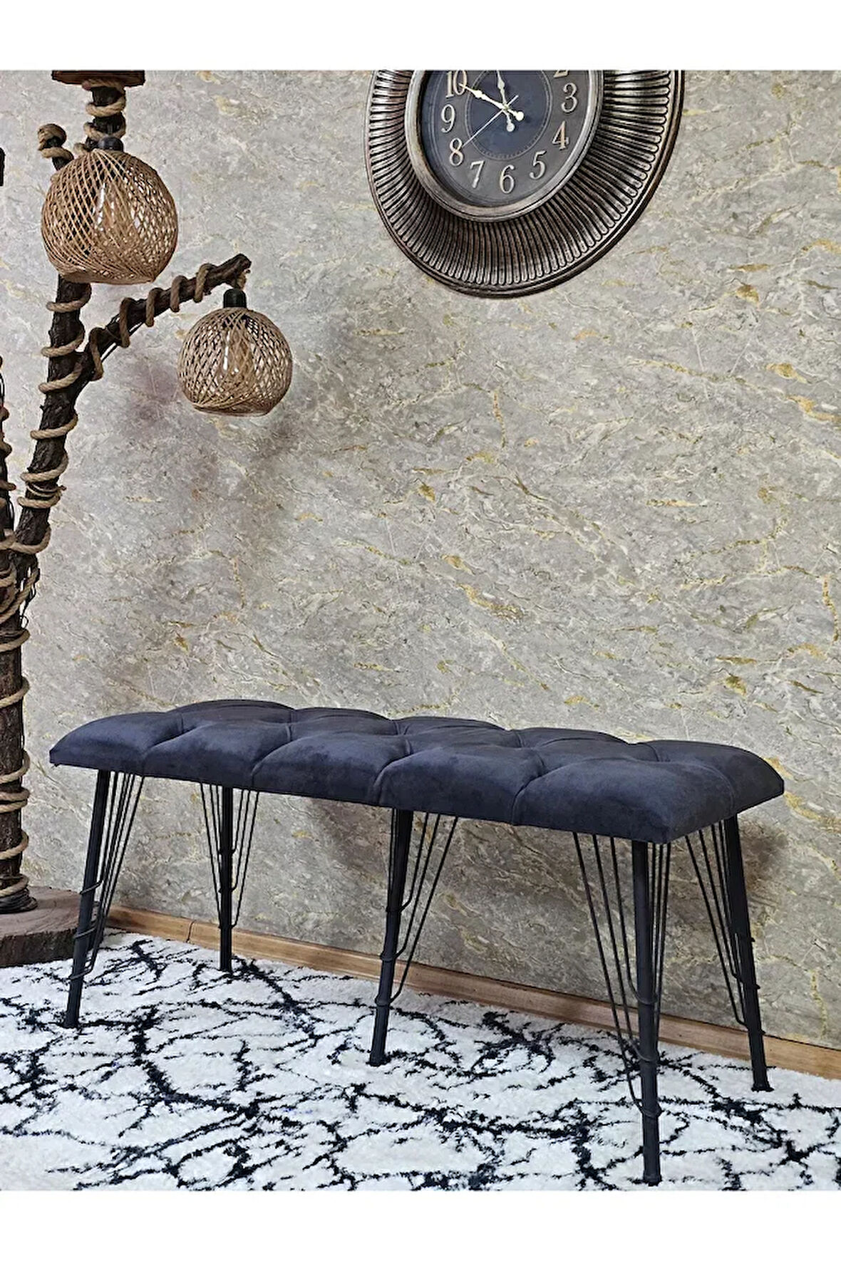 Metal Siyah Tel Ayaklı 100 cm Puf Bench - Puf - Bench - Oturak - Mutfak Oturağı - Antre Oturağı Füme Renk 100 x 40 Boyut/Ebat