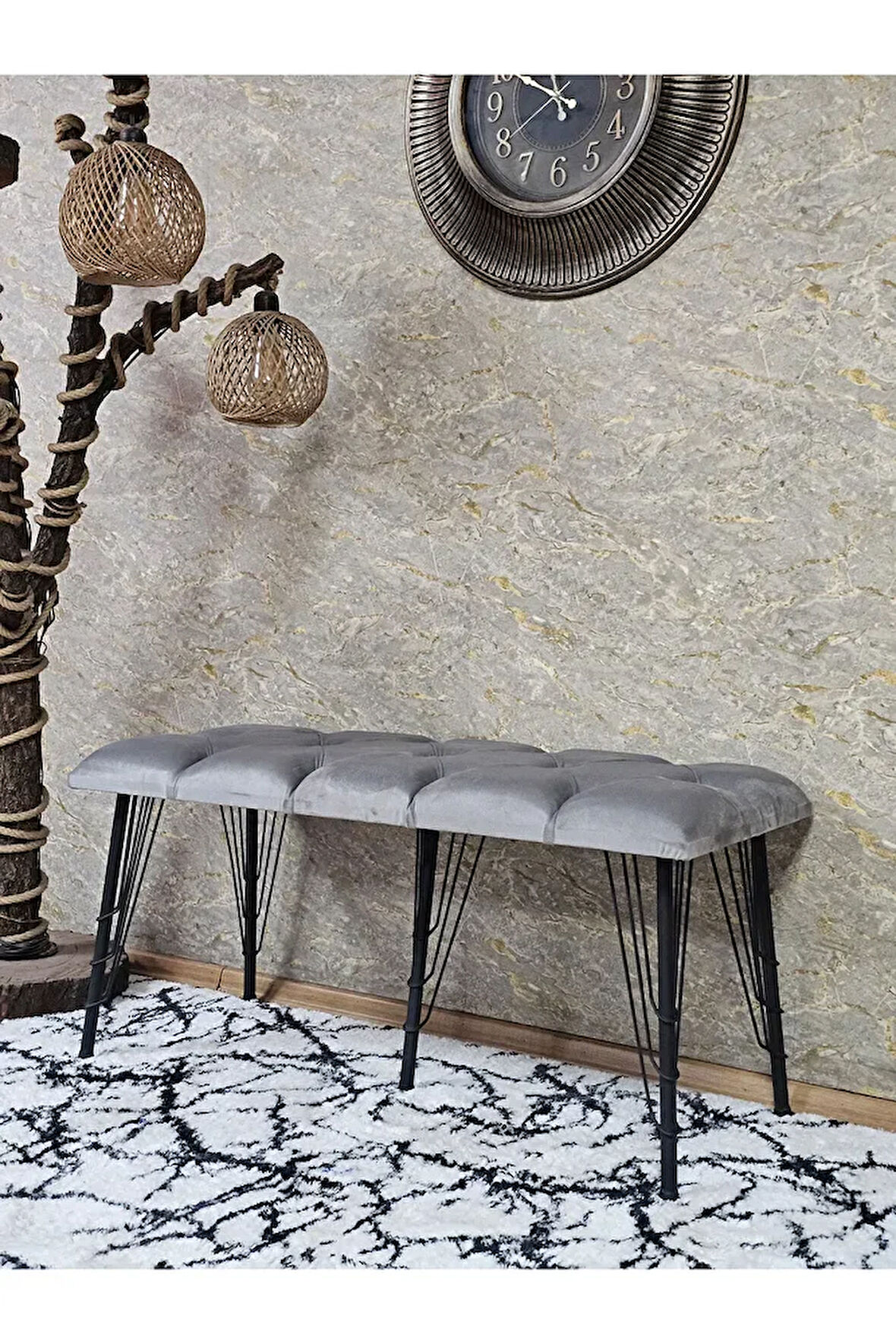 Metal Siyah Tel Ayaklı 100 cm Puf Bench - Puf - Bench - Oturak - Mutfak Oturağı - Antre Oturağı Gri Renk 100 x 40 Boyut/Ebat