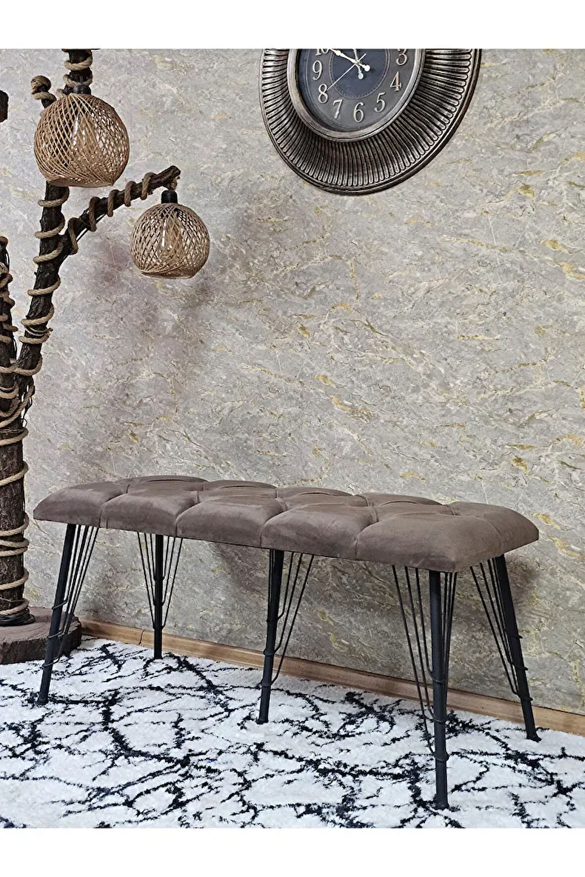 Metal Siyah Tel Ayaklı 100 cm Puf Bench - Puf - Bench - Oturak - Mutfak Oturağı - Antre Oturağı Kahverengi Renk 100 x 40 Boyut/Ebat