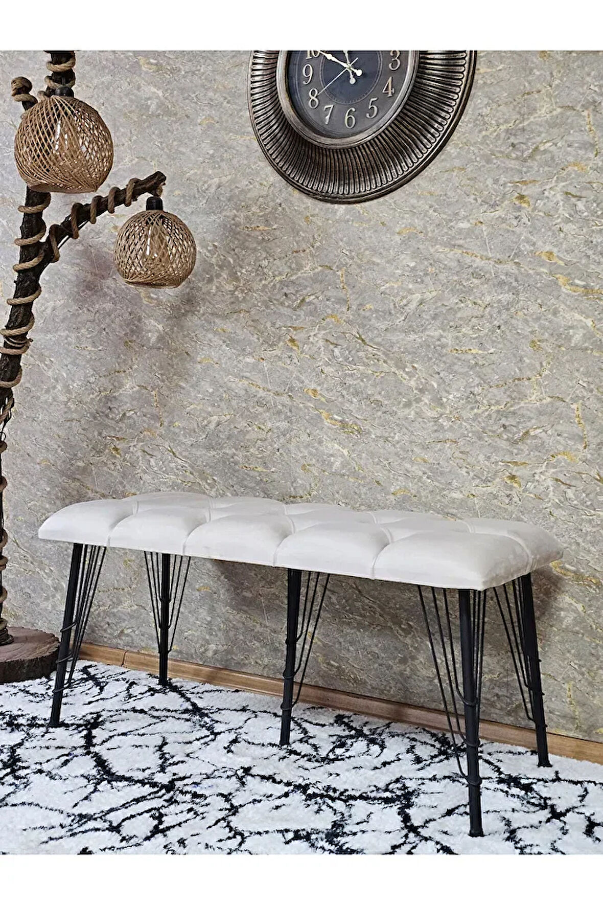 Metal Siyah Tel Ayaklı 100 cm Puf Bench - Puf - Bench - Oturak - Mutfak Oturağı - Antre Oturağı Krem Renk 100 x 40 Boyut/Ebat