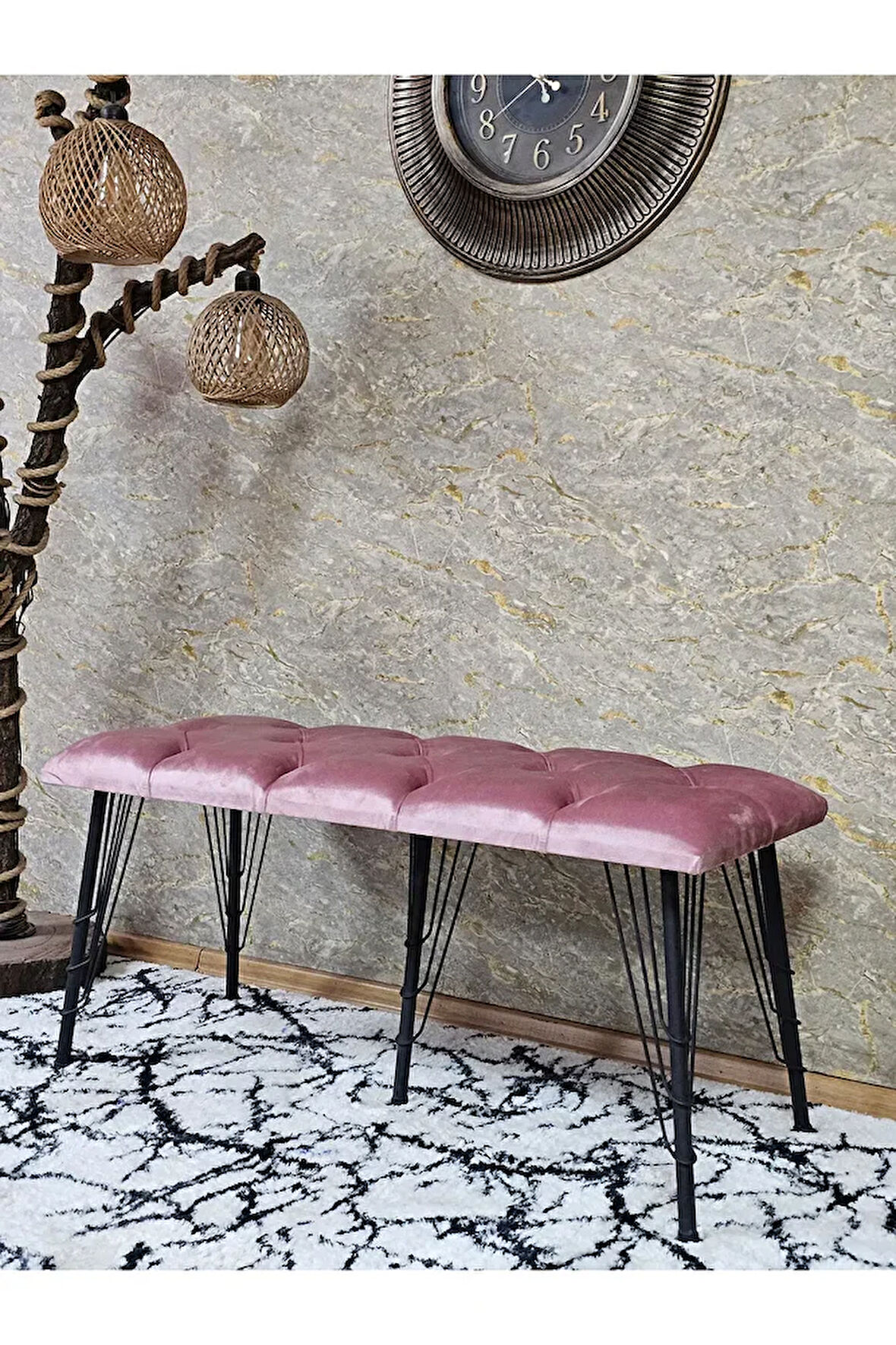 Metal Siyah Tel Ayaklı 100 cm Puf Bench - Puf - Bench - Oturak - Mutfak Oturağı - Antre Oturağı Pembe Renk 100 x 40 Boyut/Ebat