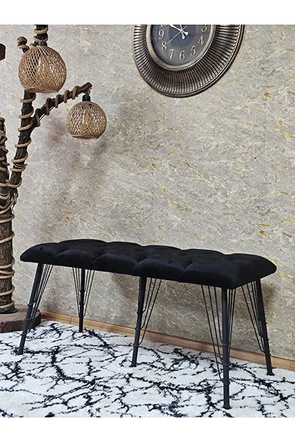 Metal Siyah Tel Ayaklı 100 cm Puf Bench - Puf - Bench - Oturak - Mutfak Oturağı - Antre Oturağı Siyah Renk 100 x 40 Boyut/Ebat