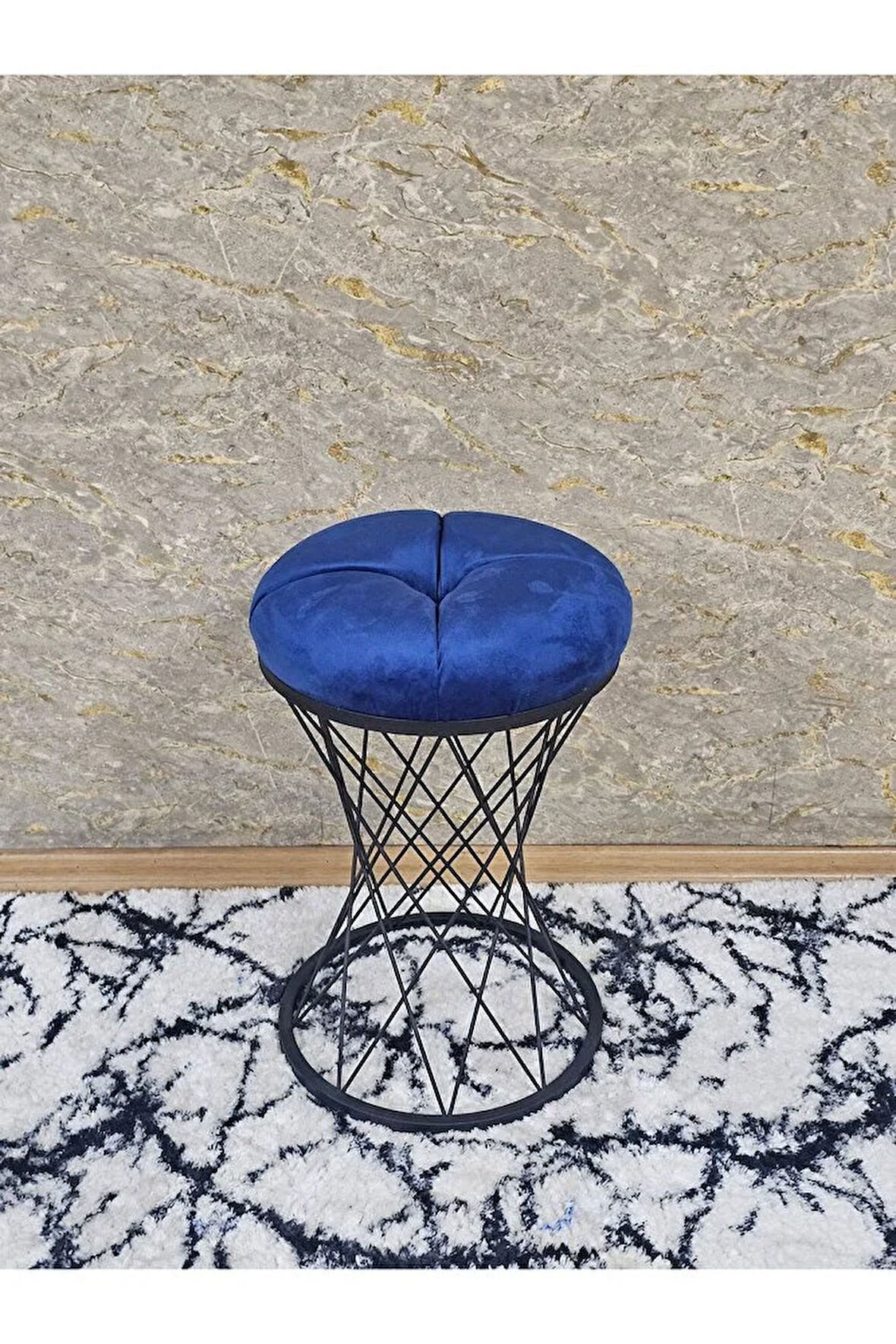 Yuvarlak Siyah Boyalı Puf Oturak - Bench - Ayak Ucu Oturak - Tabure - Makyaj Oturak Mavi Renk Yuvarlak Boyut/Ebat