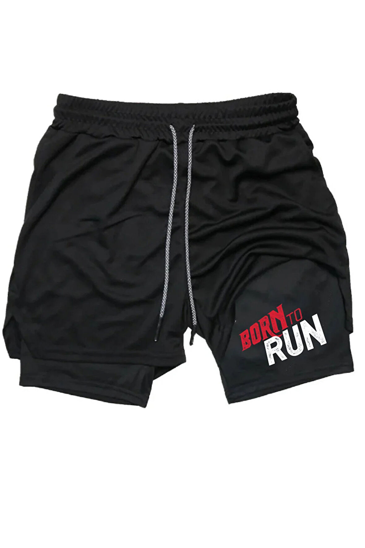 Hızlı Kuruyan 2 in 1 Yetişkin Unisex Spor Born To Run Baskılı Taytlı Şort Fitness Gym Antrenman Halı
