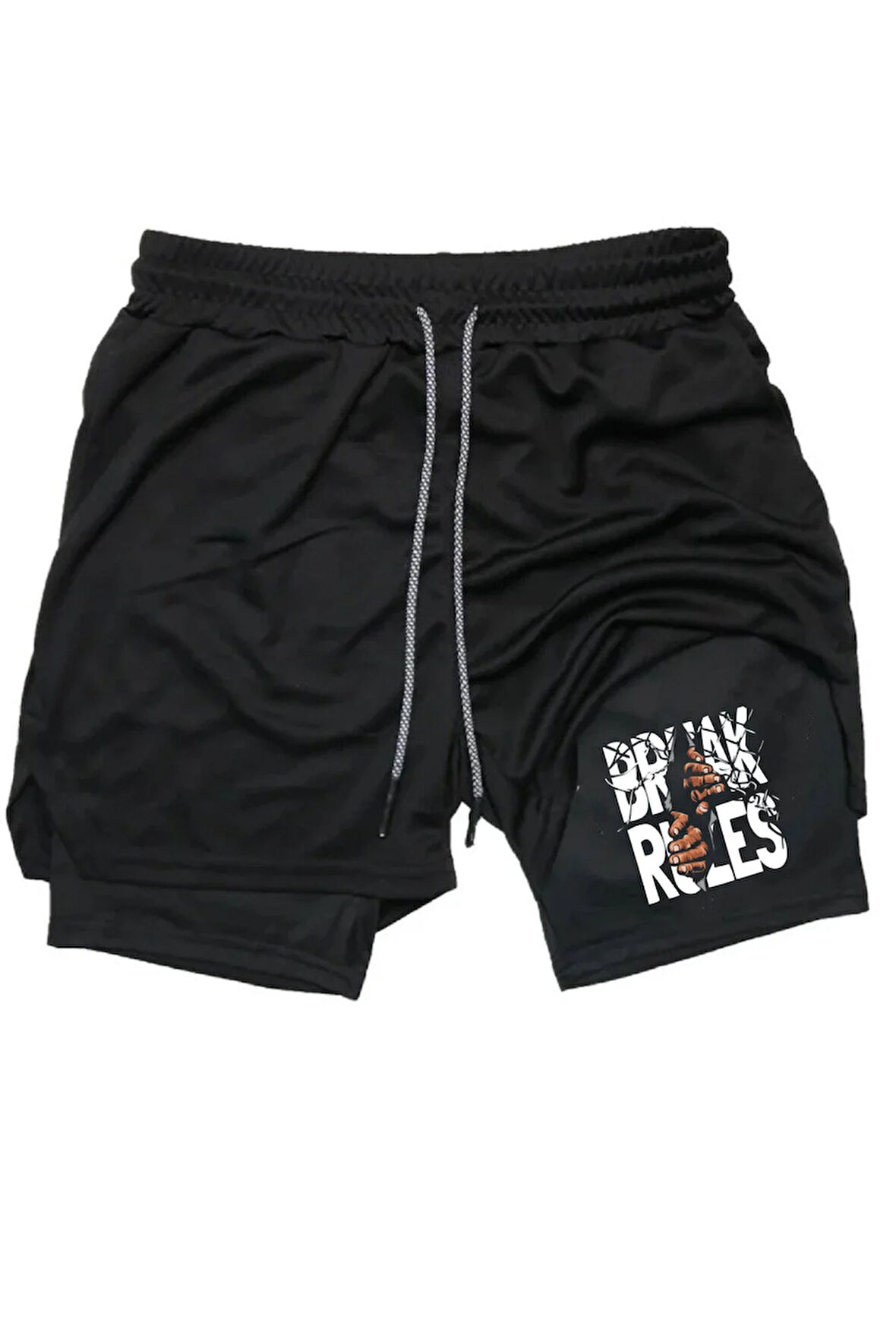 Hızlı Kuruyan 2 in 1 Yetişkin Unisex Spor Break Rules Baskılı Taytlı Şort Fitness Gym Antrenman Halı