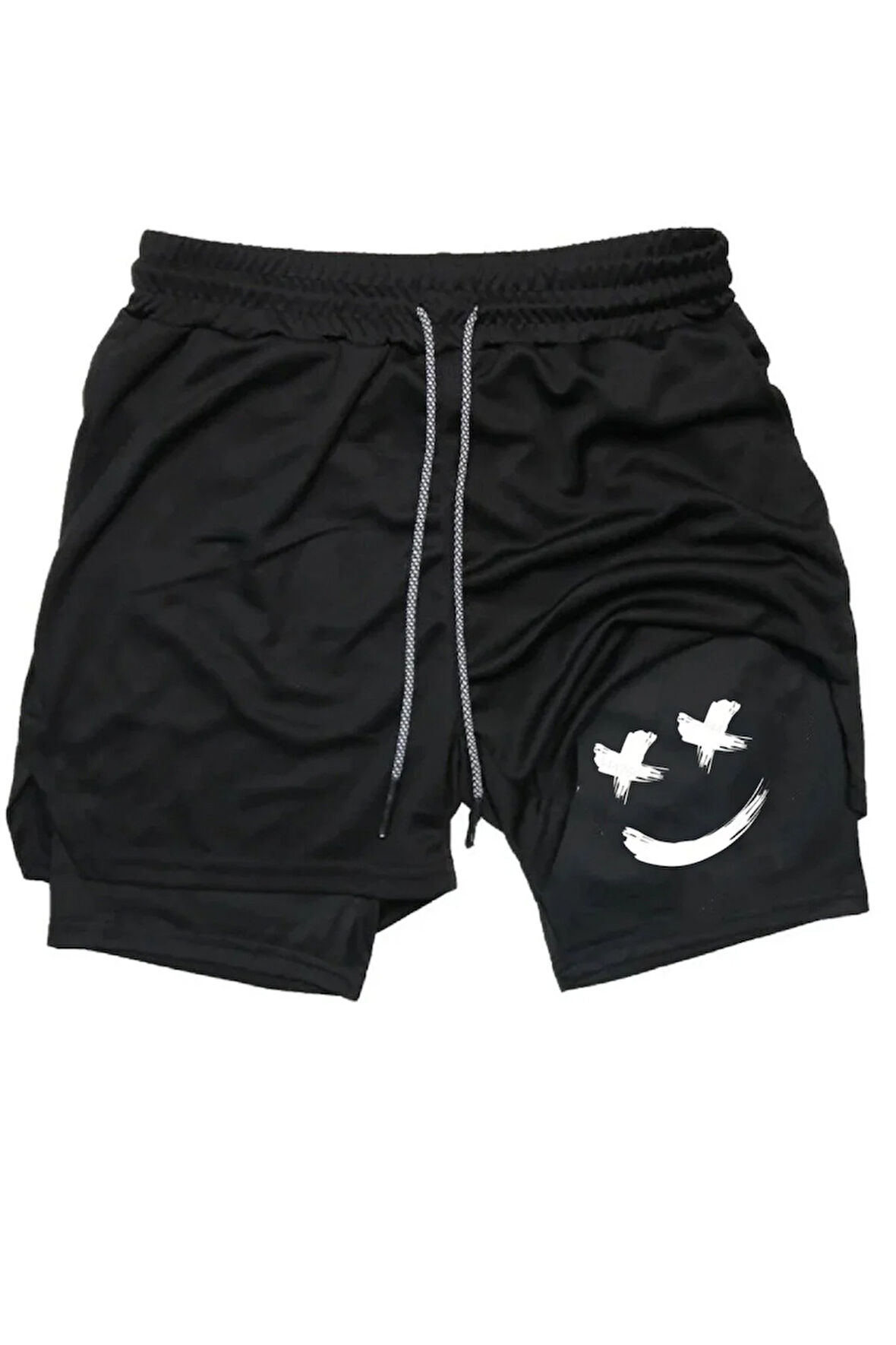 Hızlı Kuruyan 2 in 1 Yetişkin Unisex Spor Gülen Yüz Baskılı Taytlı Şort Fitness Gym Antrenman Halı