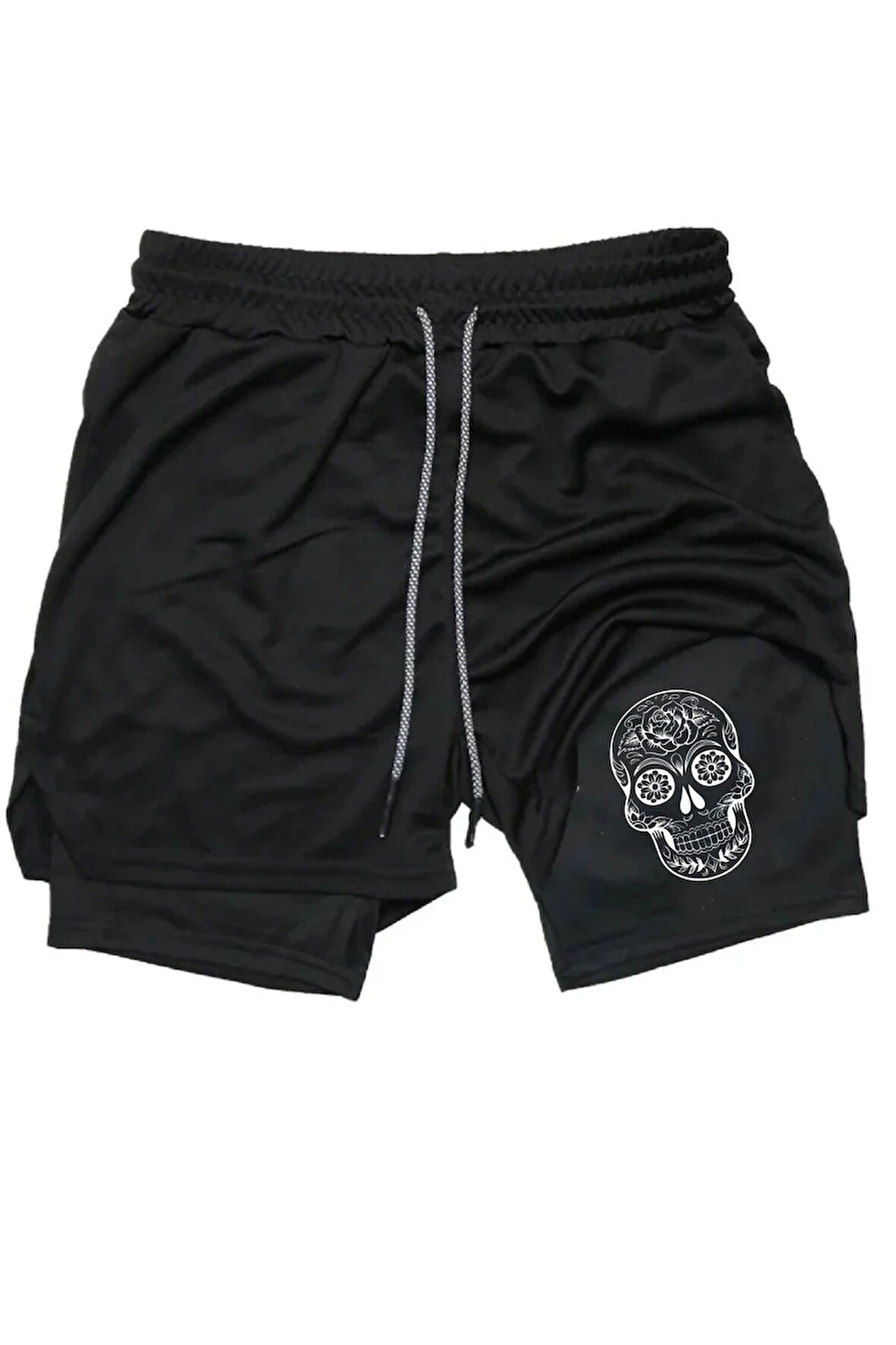 Hızlı Kuruyan 2 in 1 Yetişkin Unisex Spor Mexican Skull Baskılı Taytlı Şort Fitness Gym Antrenman
