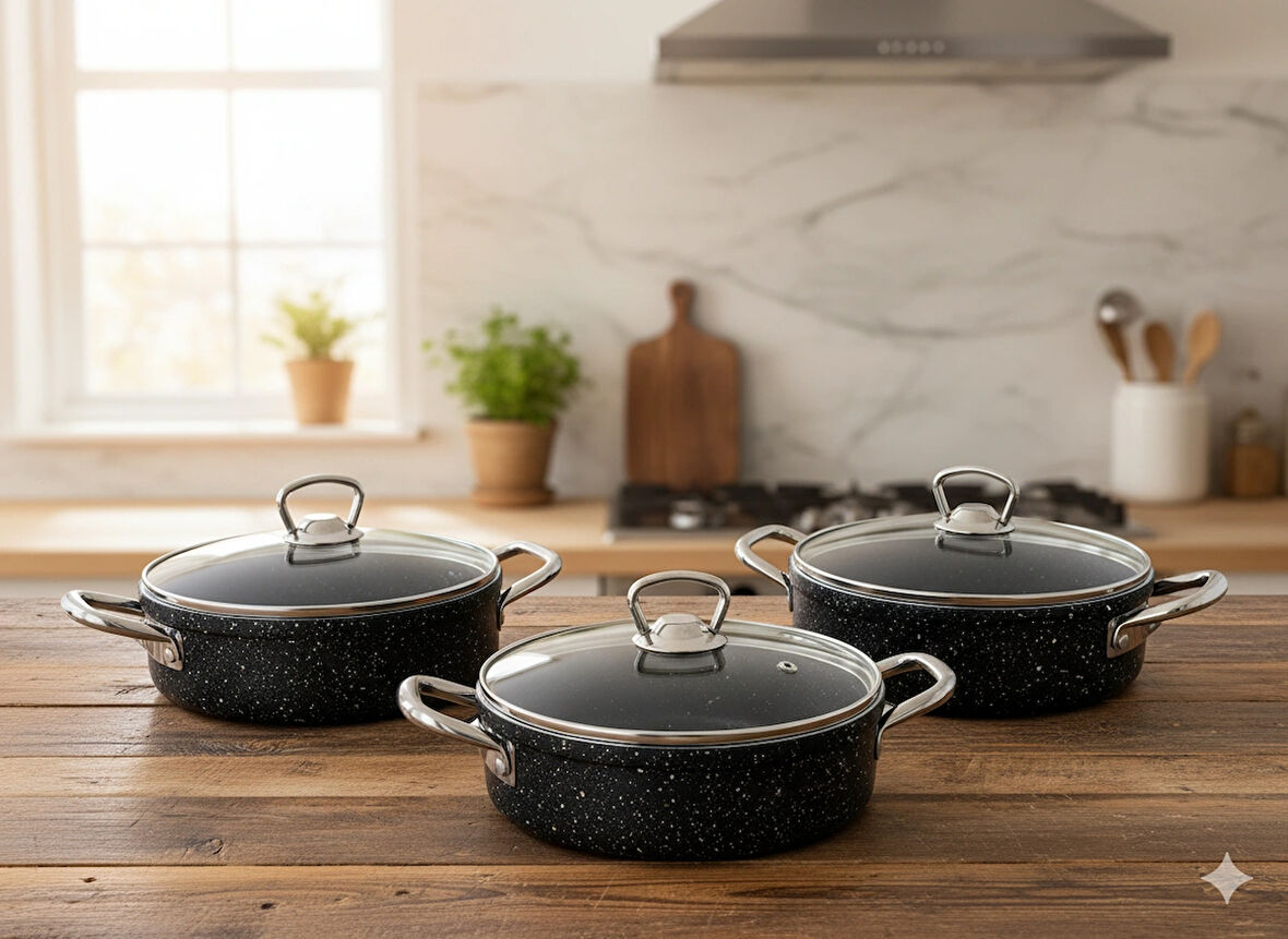 6 Parça Siyah Granit Omlet Seti / Tava Seti / tencere seti