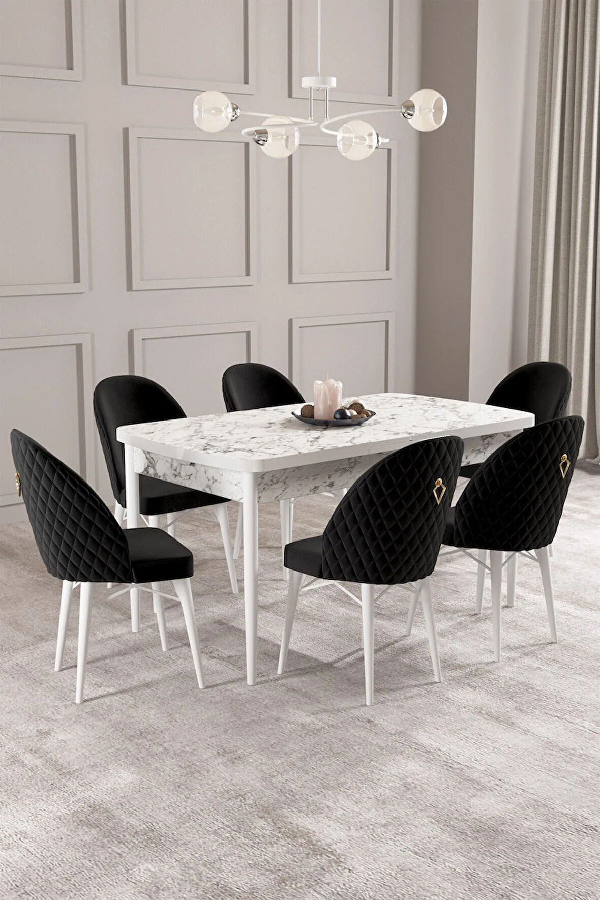 Arya Beyaz Mermer Desen 80x132 MDF Açılabilir Mutfak Masası Takımı 6  Sandalye