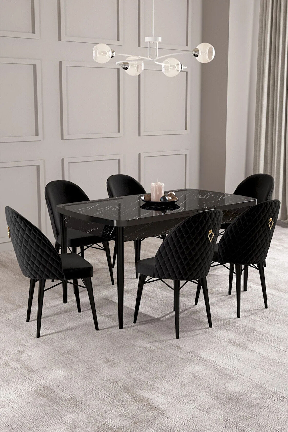Arya Siyah Mermer Desen 80x132 MDF Açılabilir Mutfak Masası Takımı 6  Sandalye